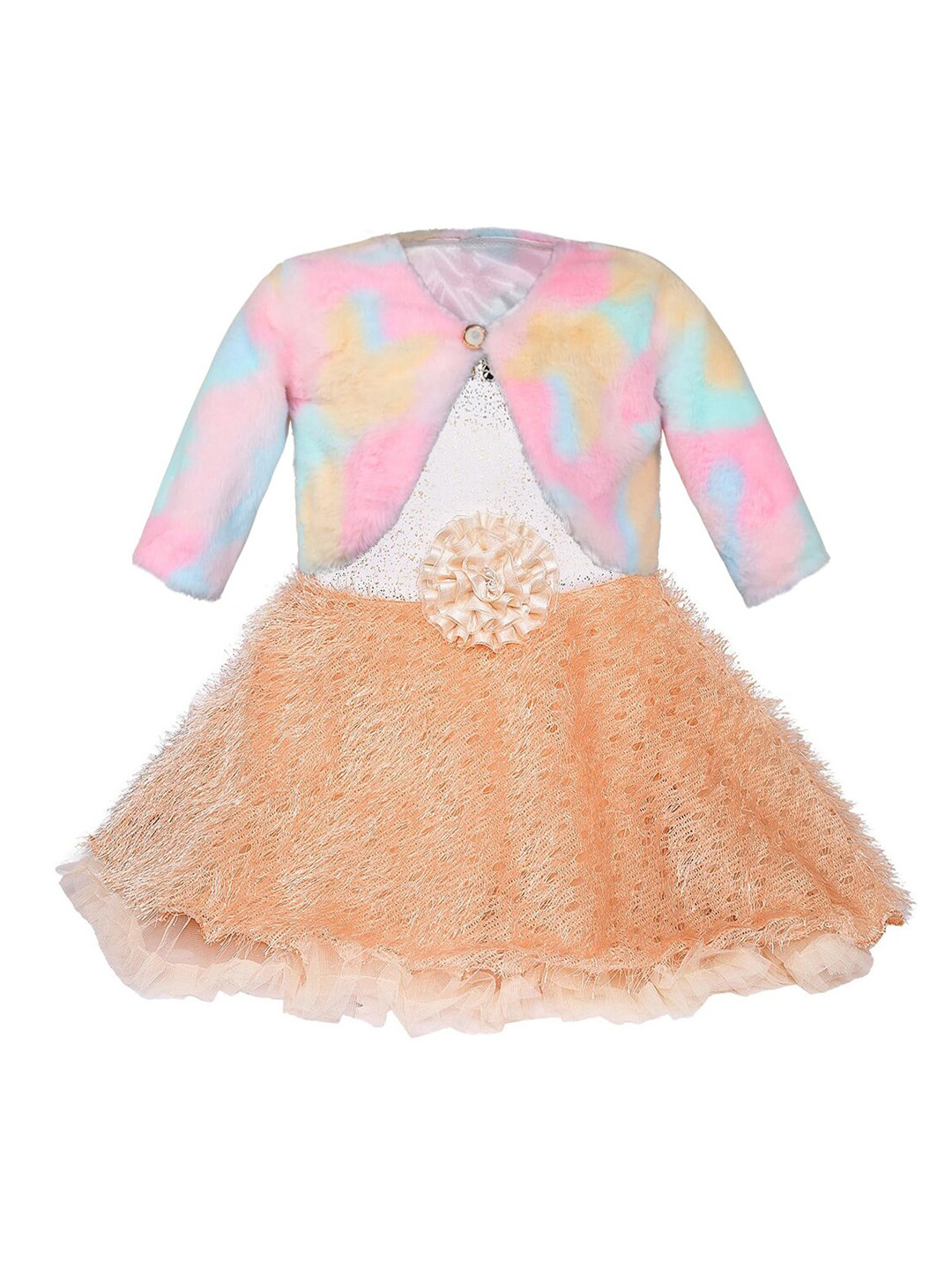 Wish Karo Girls Self Design Corsage Detailed Net Fit & Flare Dress With Jacket