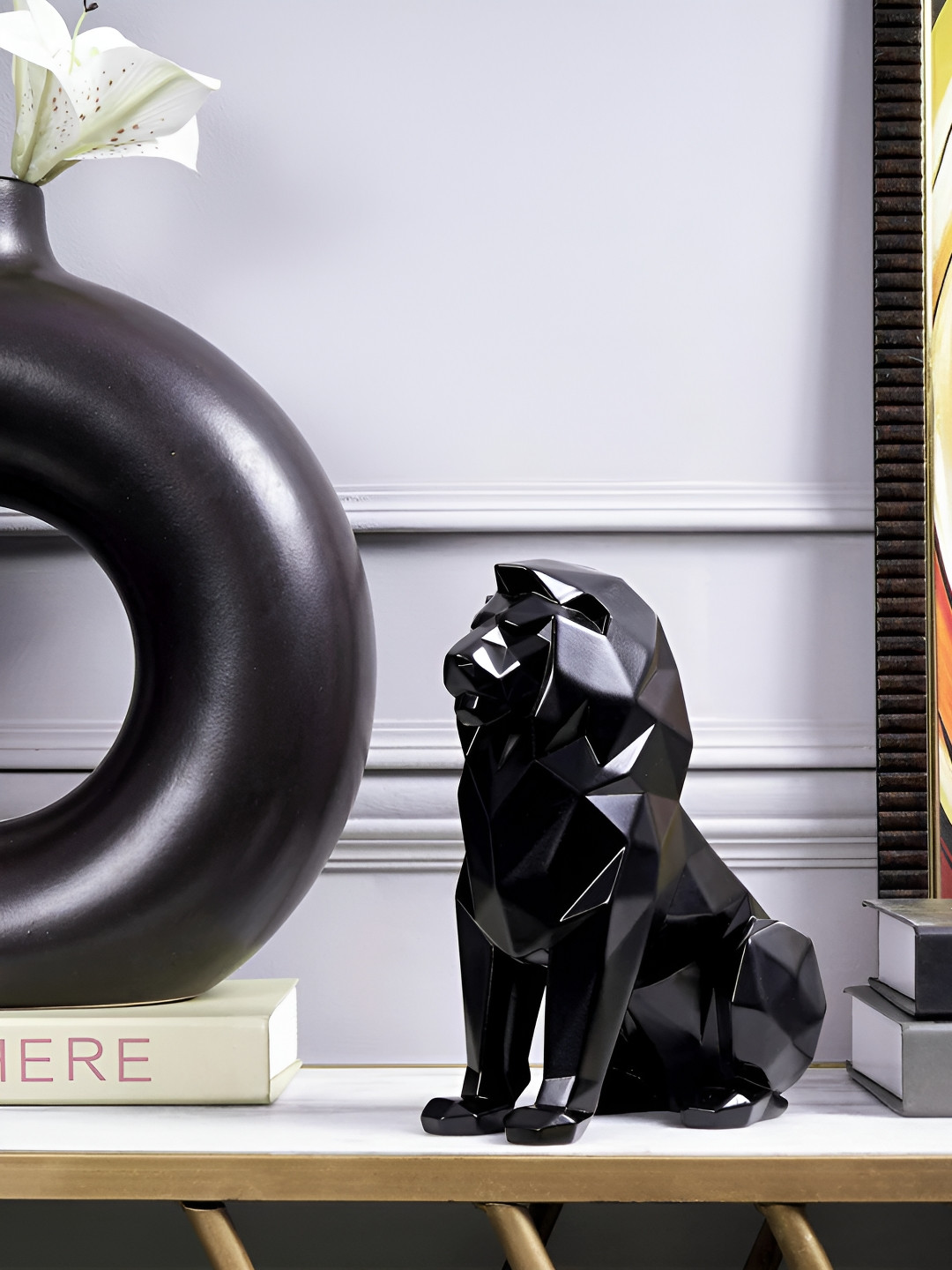 Artarium LLP Lion Black Polyresin Glossy Living Room Medium Showpiece - 7.7 Inches