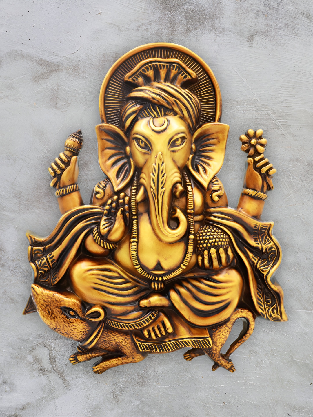 Artarium LLP Ganesh On Mushak Brown Polyresin Natural Prayer Room Medium Showpiece - 9 Inches