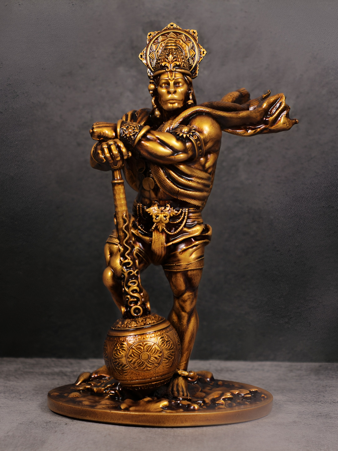 Artarium LLP Bahubali Lord Hanuman Brown Polyresin Matte Prayer Room Medium Showpiece - 7.4 Inches