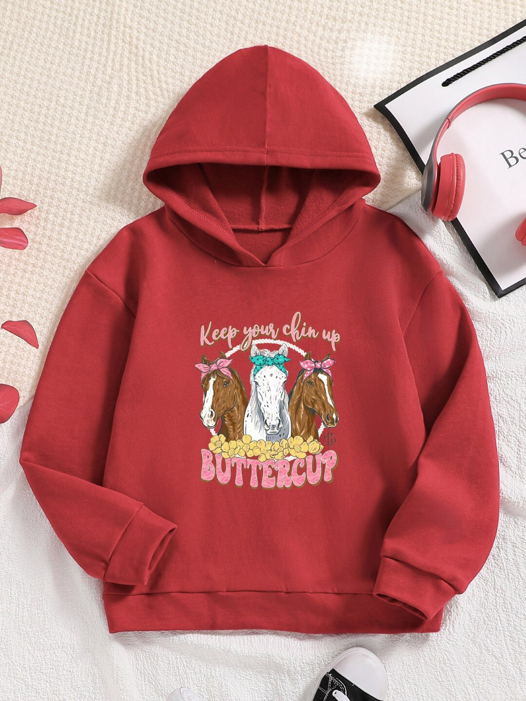 StyleCast Girls Red Graphic Printed Hooded Sweatshirt