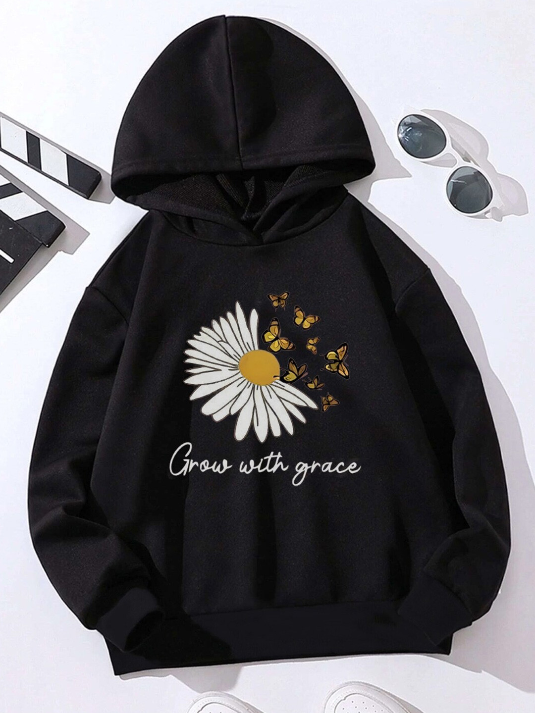 StyleCast Girls Black Floral Printed Hooded Pullover Sweatshirt