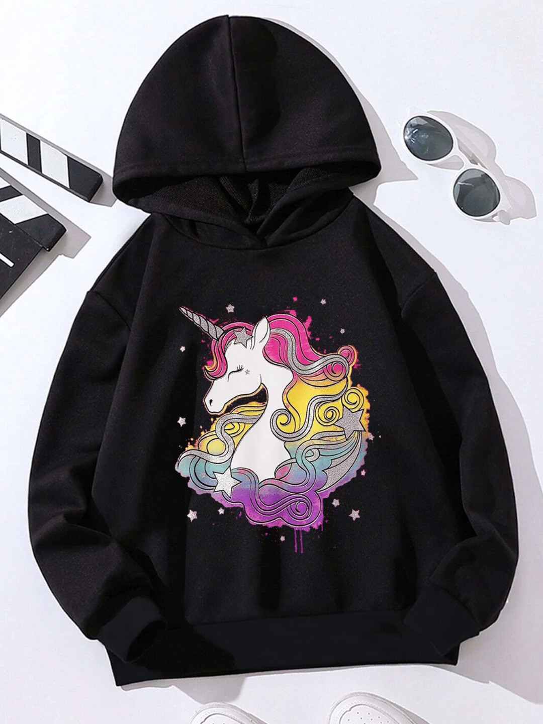 StyleCast Girls Black Unicorn Printed Hooded Pullover
