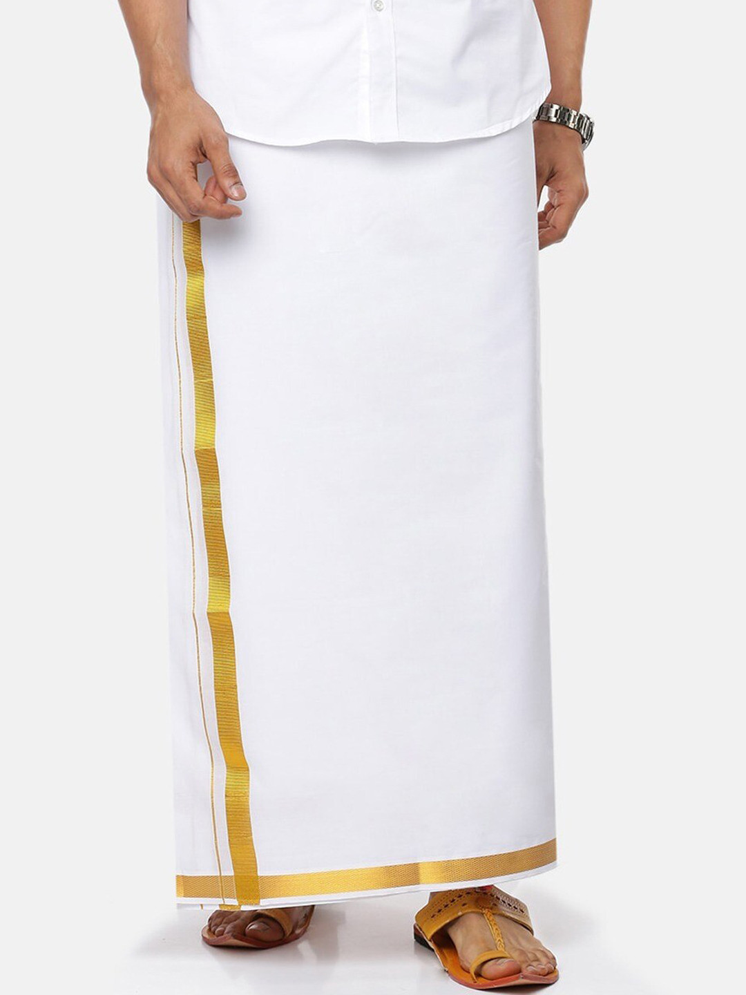 Ramraj Men Cotton Solid Gold Jari Border Double Layer Dhoti