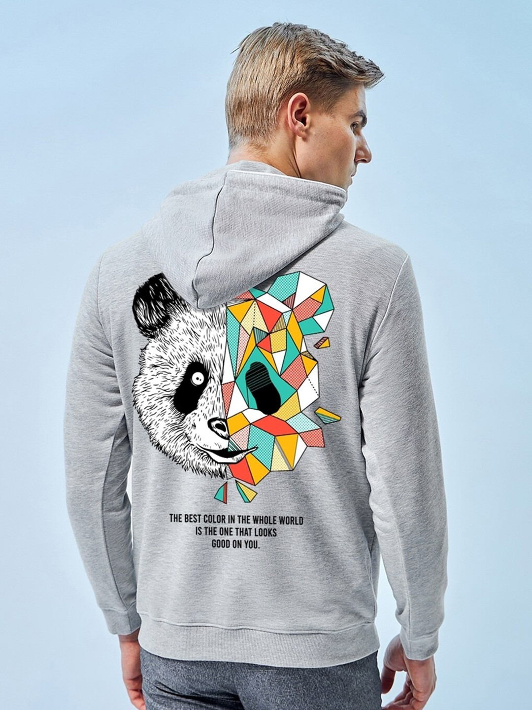Bewakoof Grey Panda Printed Hooded Long Sleeves Cotton Pullover Sweatshirt