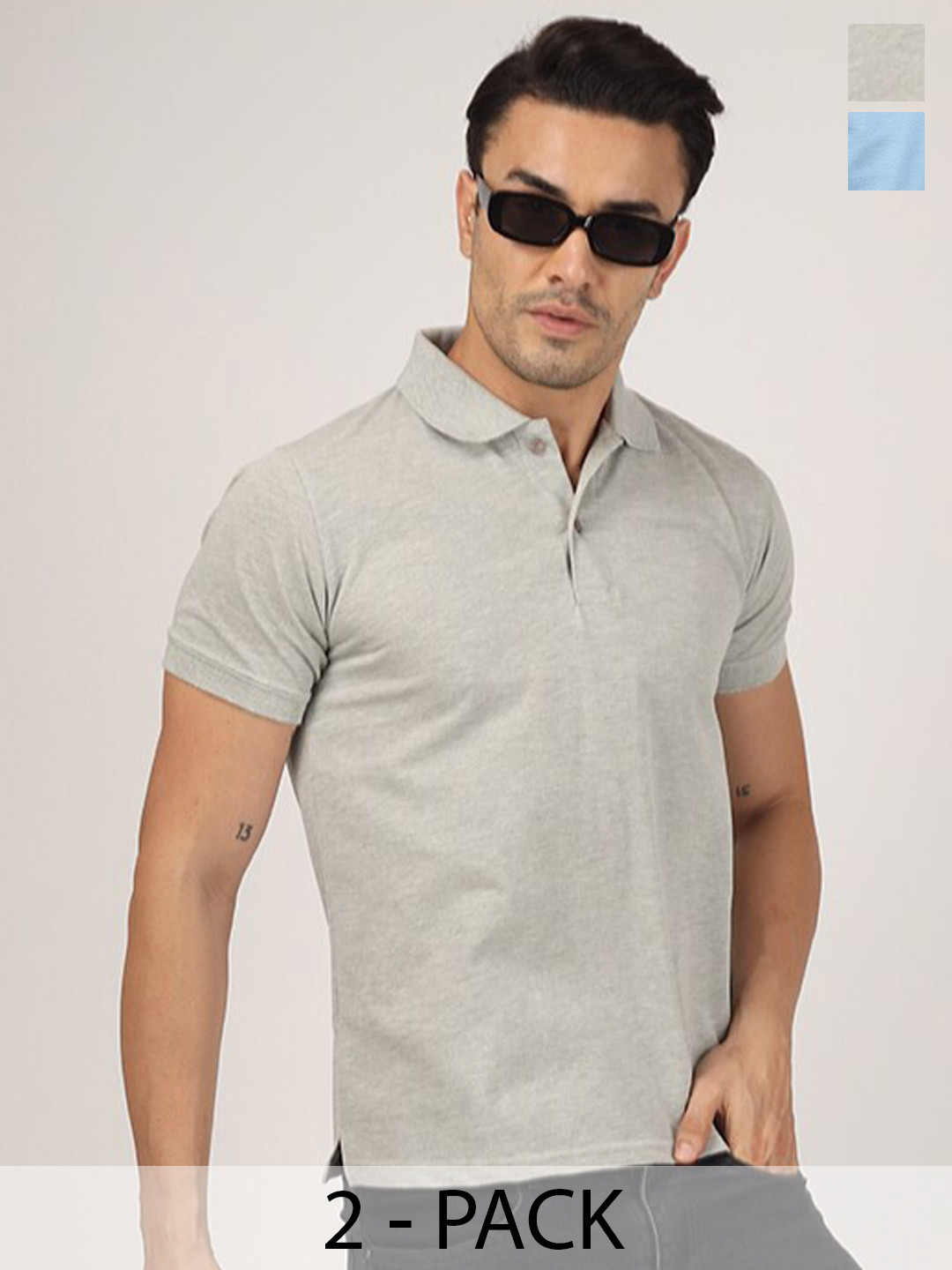 Greylongg Men Solid Grey & Sky Blue Cotton Regular Fit Polo T-shirt