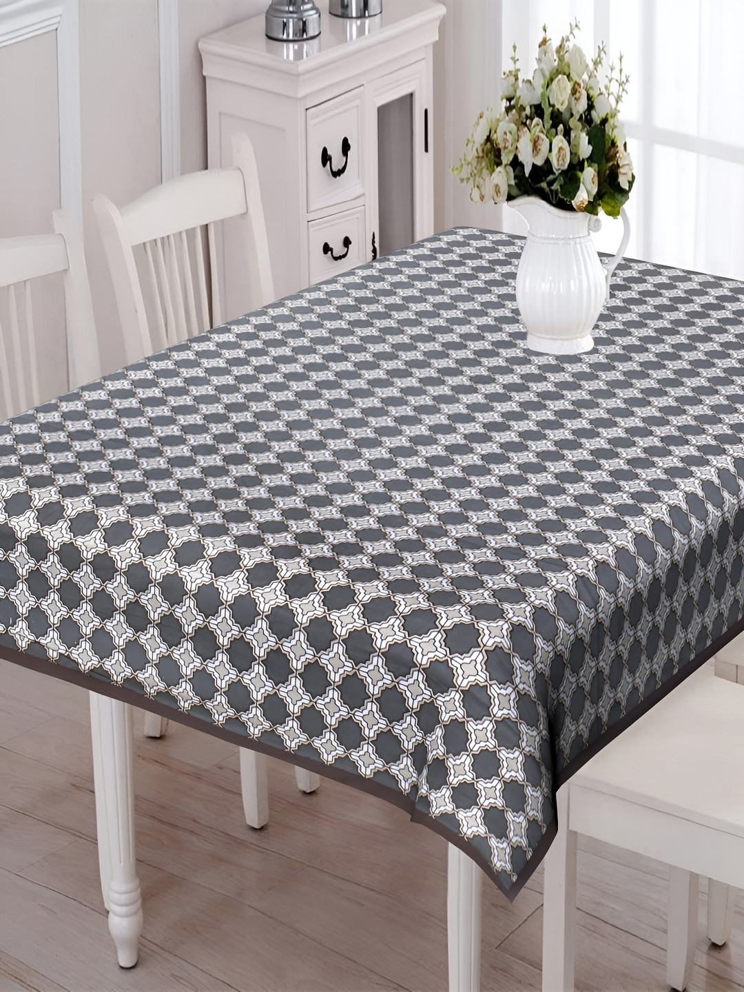 Texstylers Charcoal Grey Geometric Anti-Slip Cotton 6-Seater Rectangular Table Cover