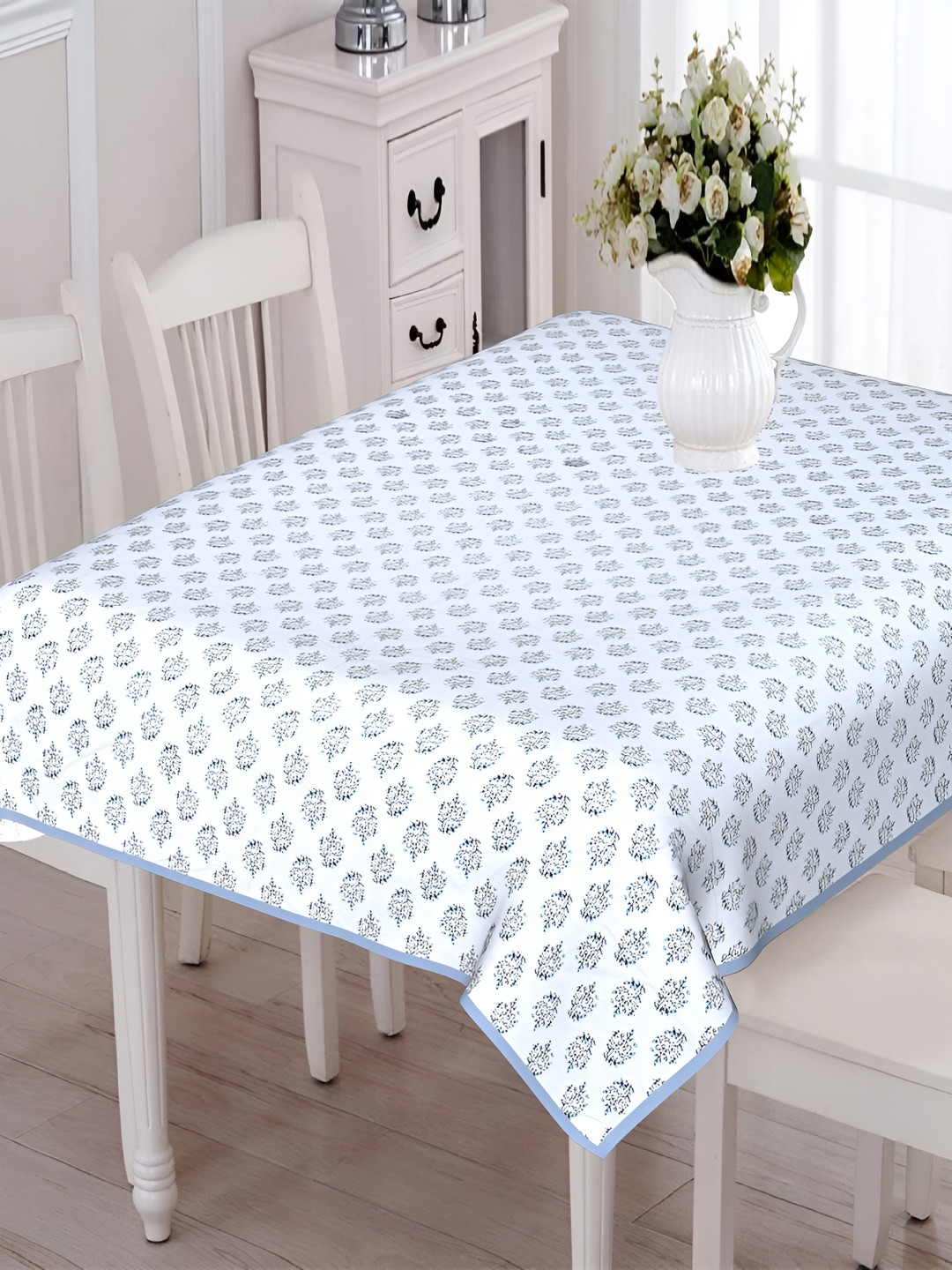 Texstylers White & Blue Floral Anti-Slip Cotton 6-Seater Rectangular Table Cover