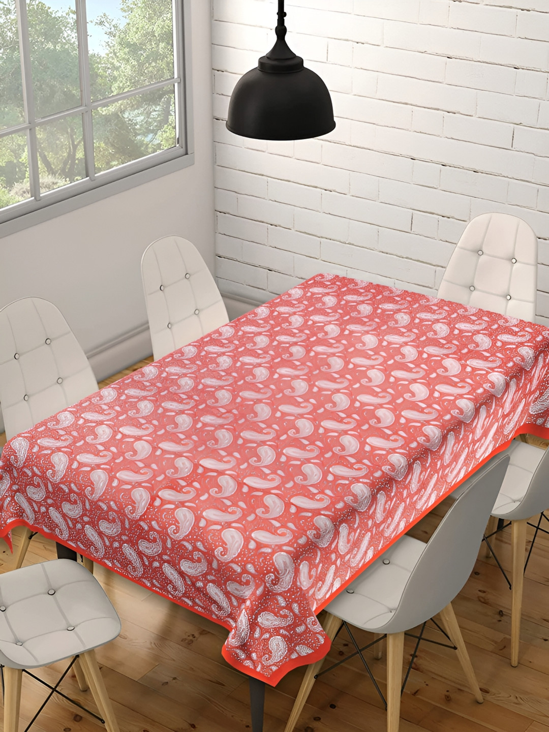 Texstylers Peach & White Anti-Slip Cotton 6 Seater Rectangle Table Cover