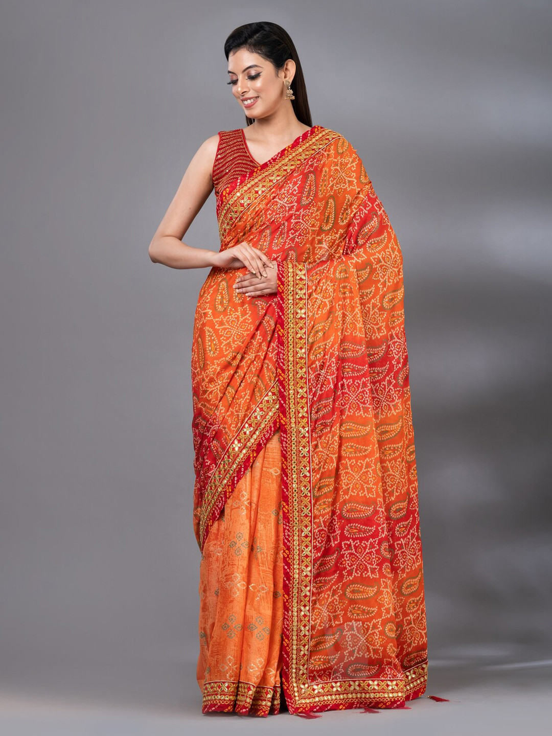 MAHALASA Bandhani Printed Embroidered Art Silk Bandhani Saree
