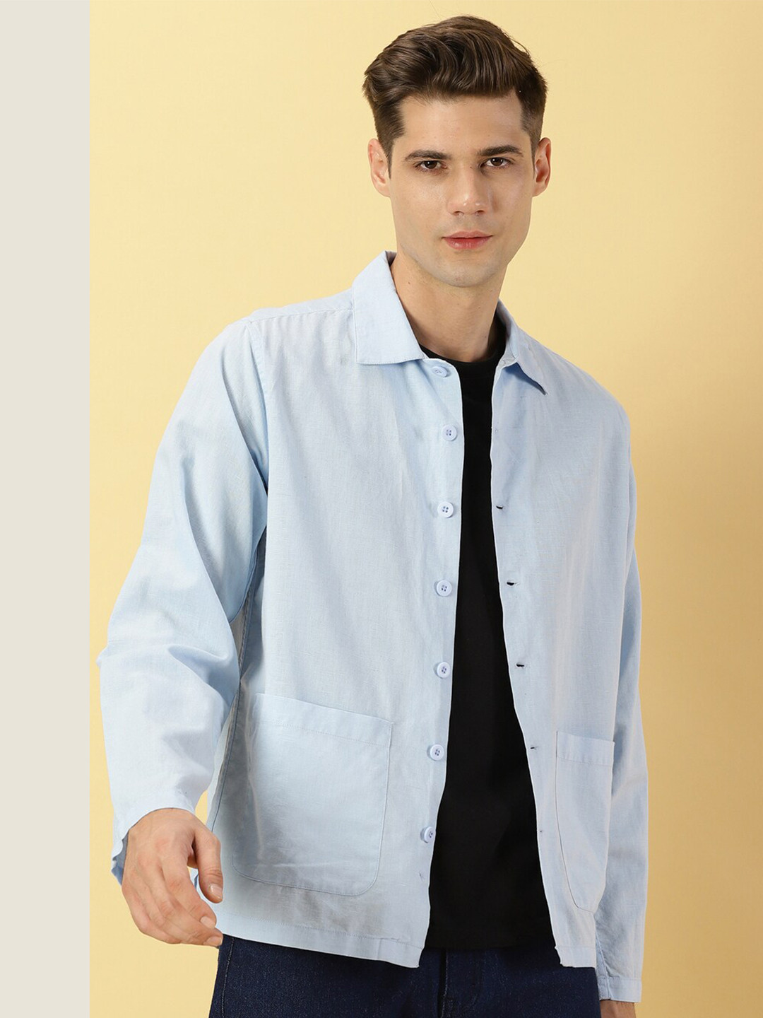 Thomas Scott Modern Oversized Fit Box Pocket Cotton Linen Casual Shirt