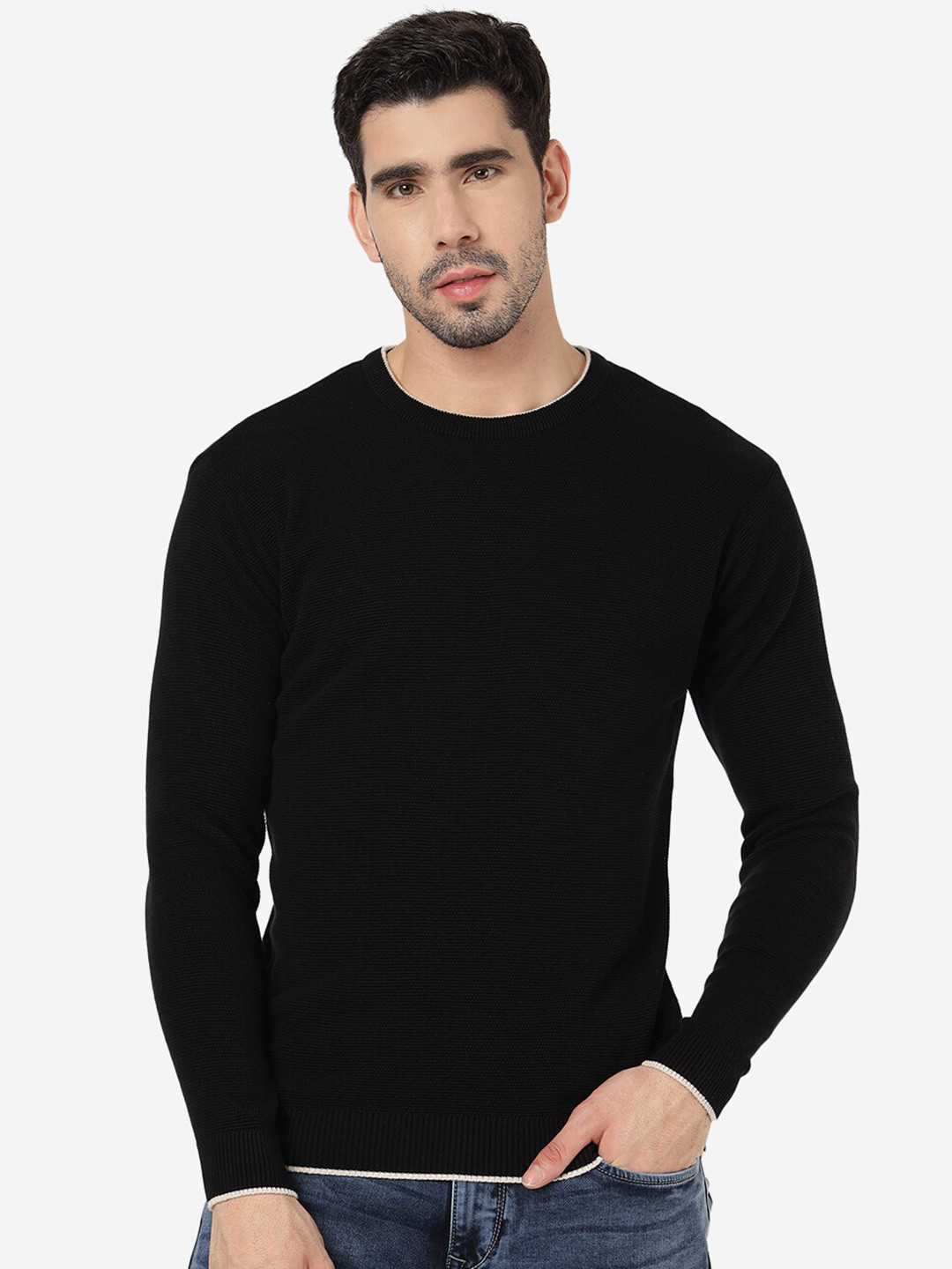 JADE BLUE Self Design Pure Cotton Slim Fit T-shirt