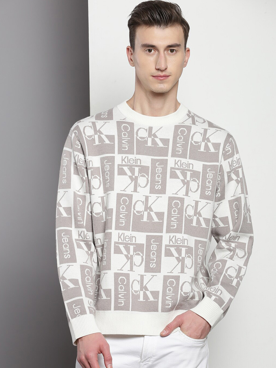 Calvin Klein Jeans Brand Logo Printed Long Sleeves Wool Pullover Sweater