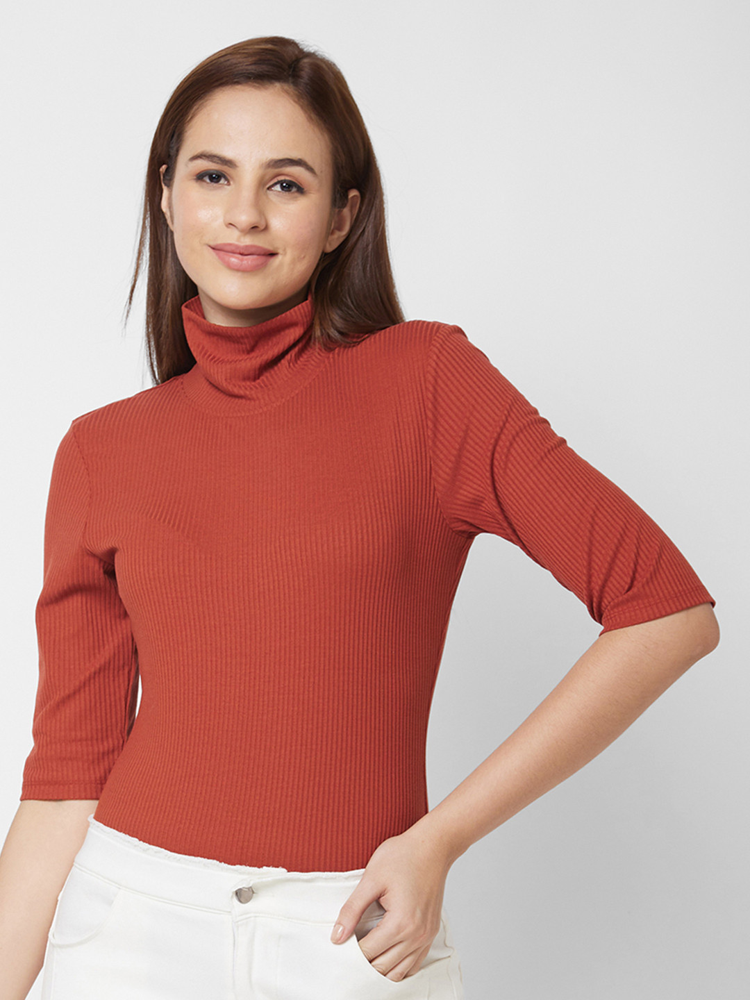 SPYKAR Women Brown High Neck Slim Fit T-shirt