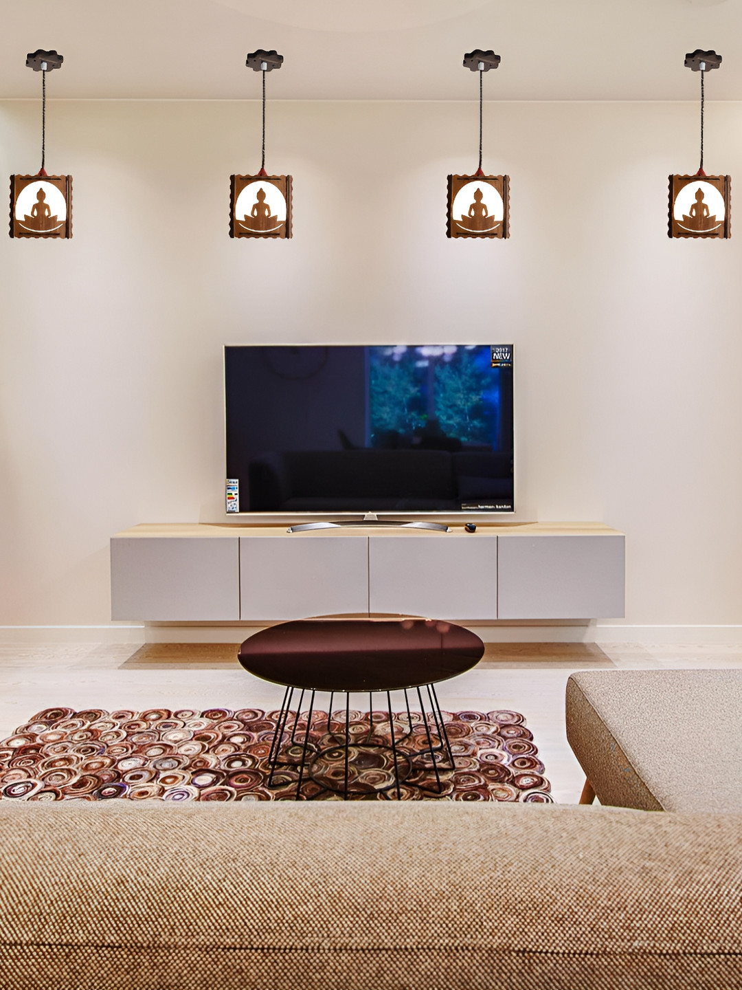 US DZIRE Brown Wooden Textured Traditional Lord Buddha craft Ceiling Lamp