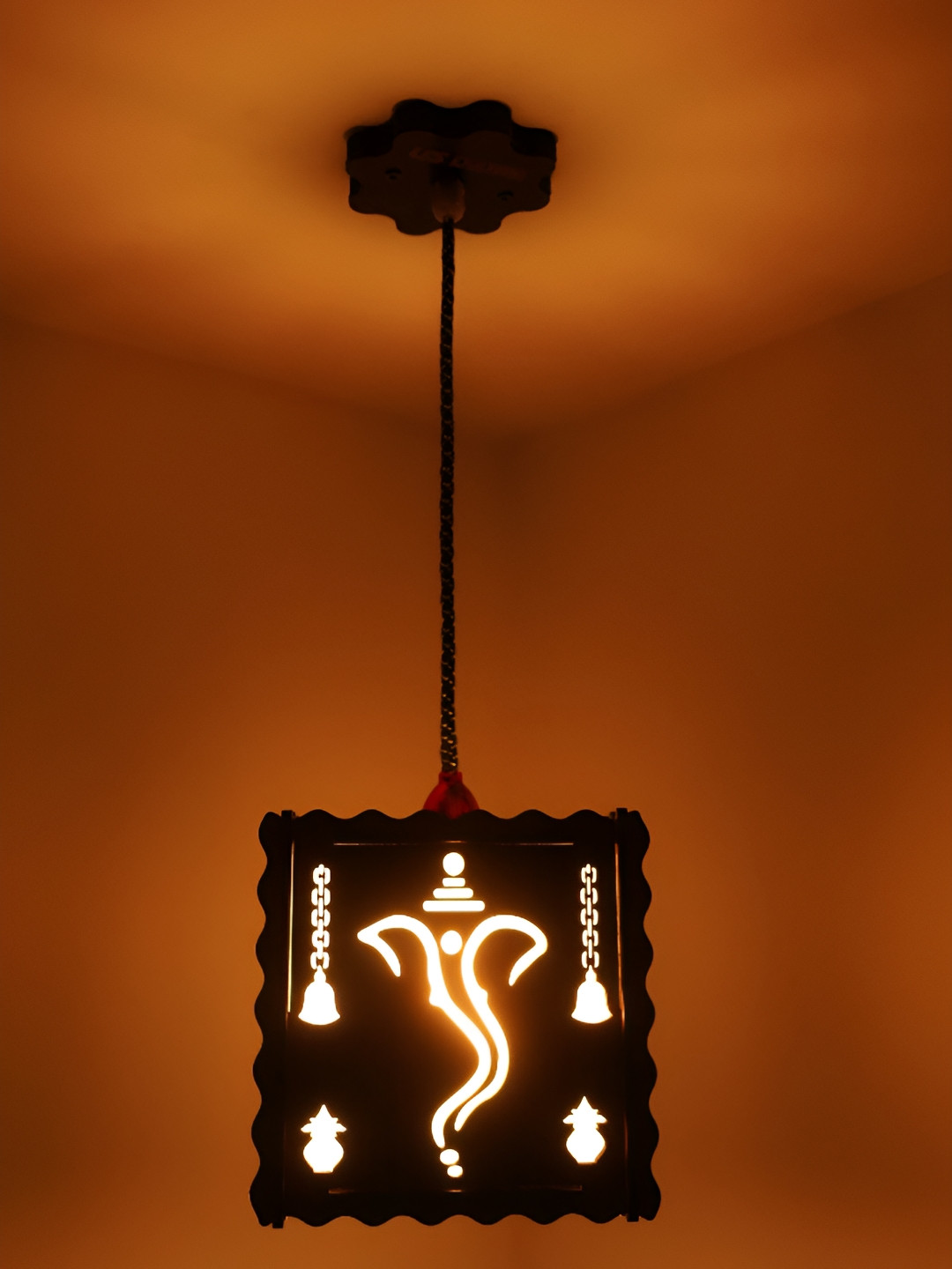 US DZIRE Brown Ganpati Textured Traditional Wooden Ceiling Lamp