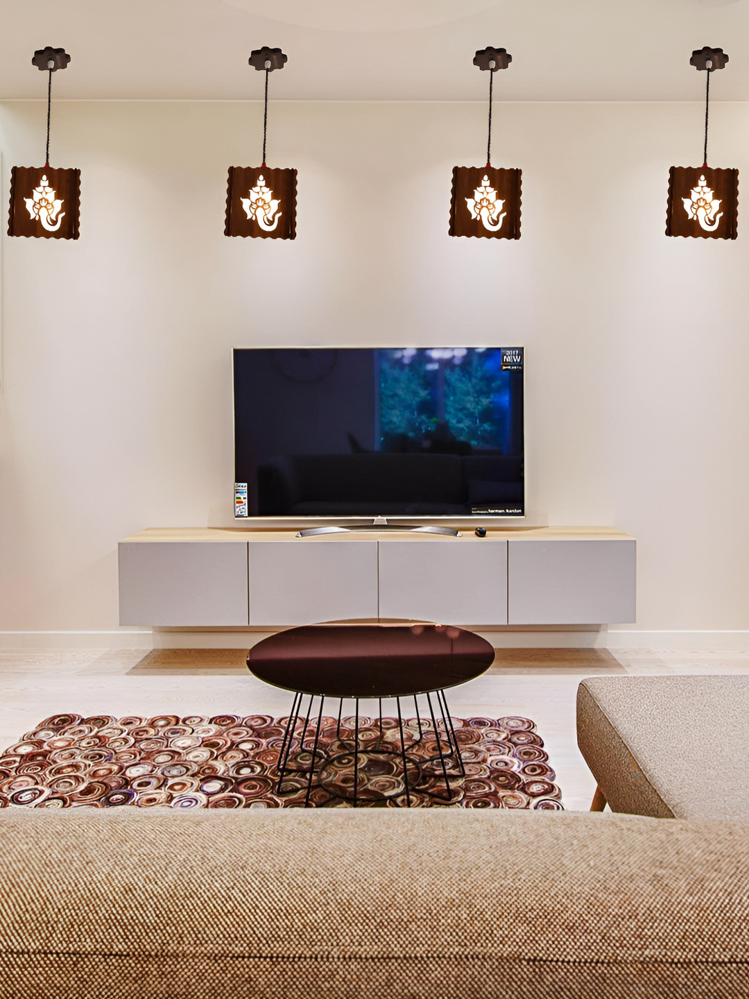 US DZIRE Brown Ganesha Textured Traditional Wooden Ceiling Lamp