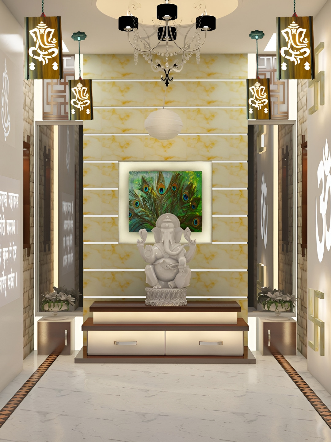 US DZIRE Brown Ganpati Textured Traditional Wooden Ceiling Lamp