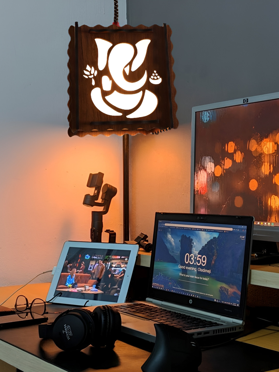 US DZIRE Brown Ganesh Textured Traditional Wooden Ceiling Lamp