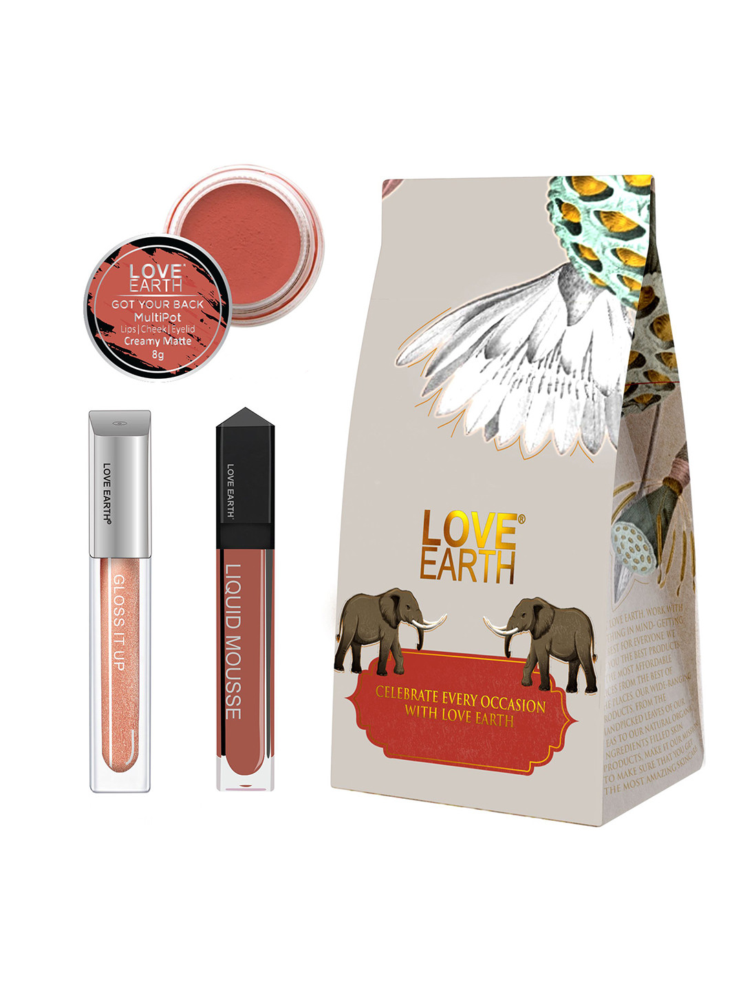 LOVE EARTH  Lip & Cheek Tint - 8g- Lip Gloss - 3ml- Liquid Lipstick Festive Combo - 6ml