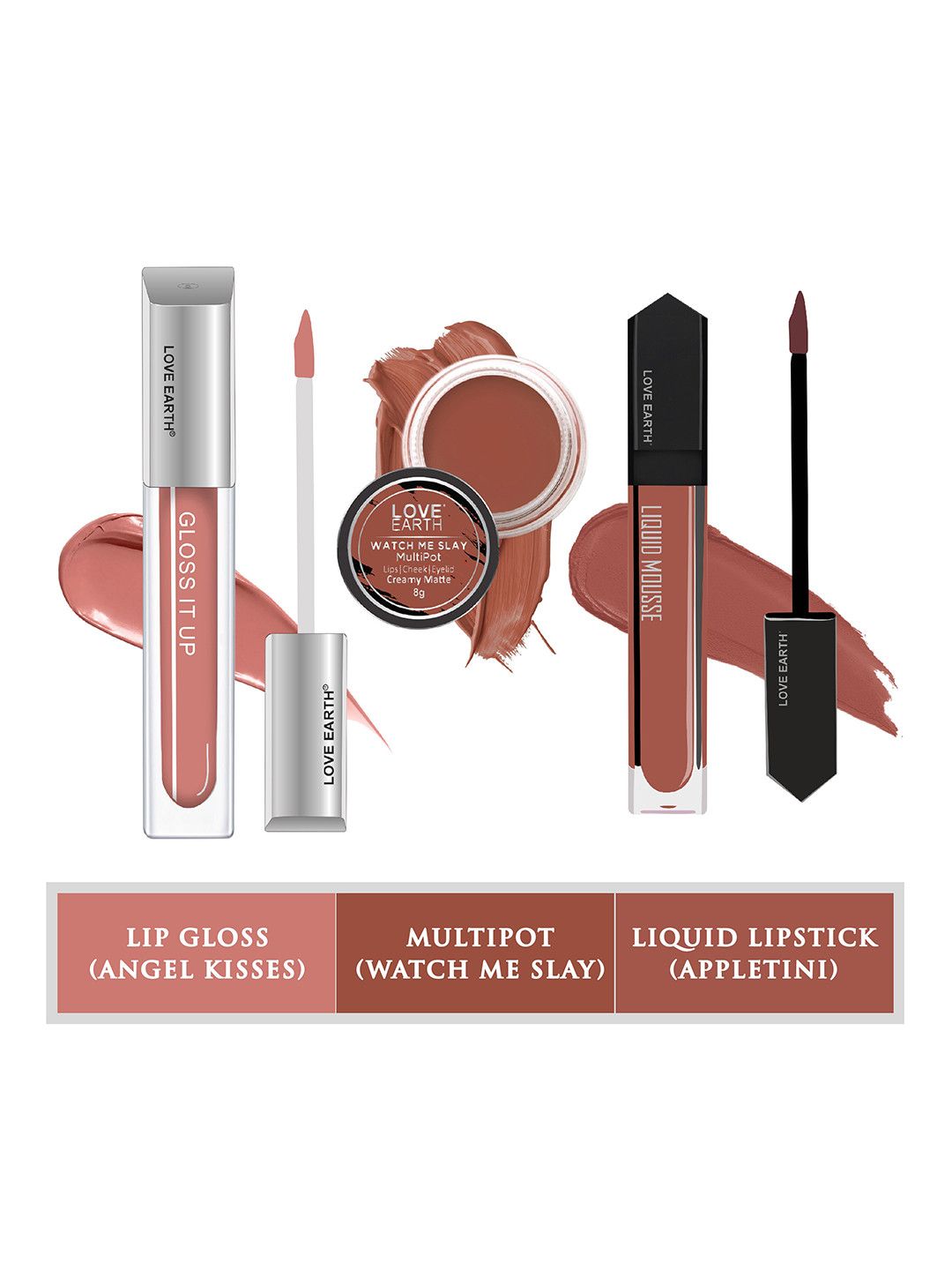 LOVE EARTH Set Of 3 Lip & Cheek Tint Multipot - 8g -Lip Gloss - 3ml-Liquid Lipstick - 6ml