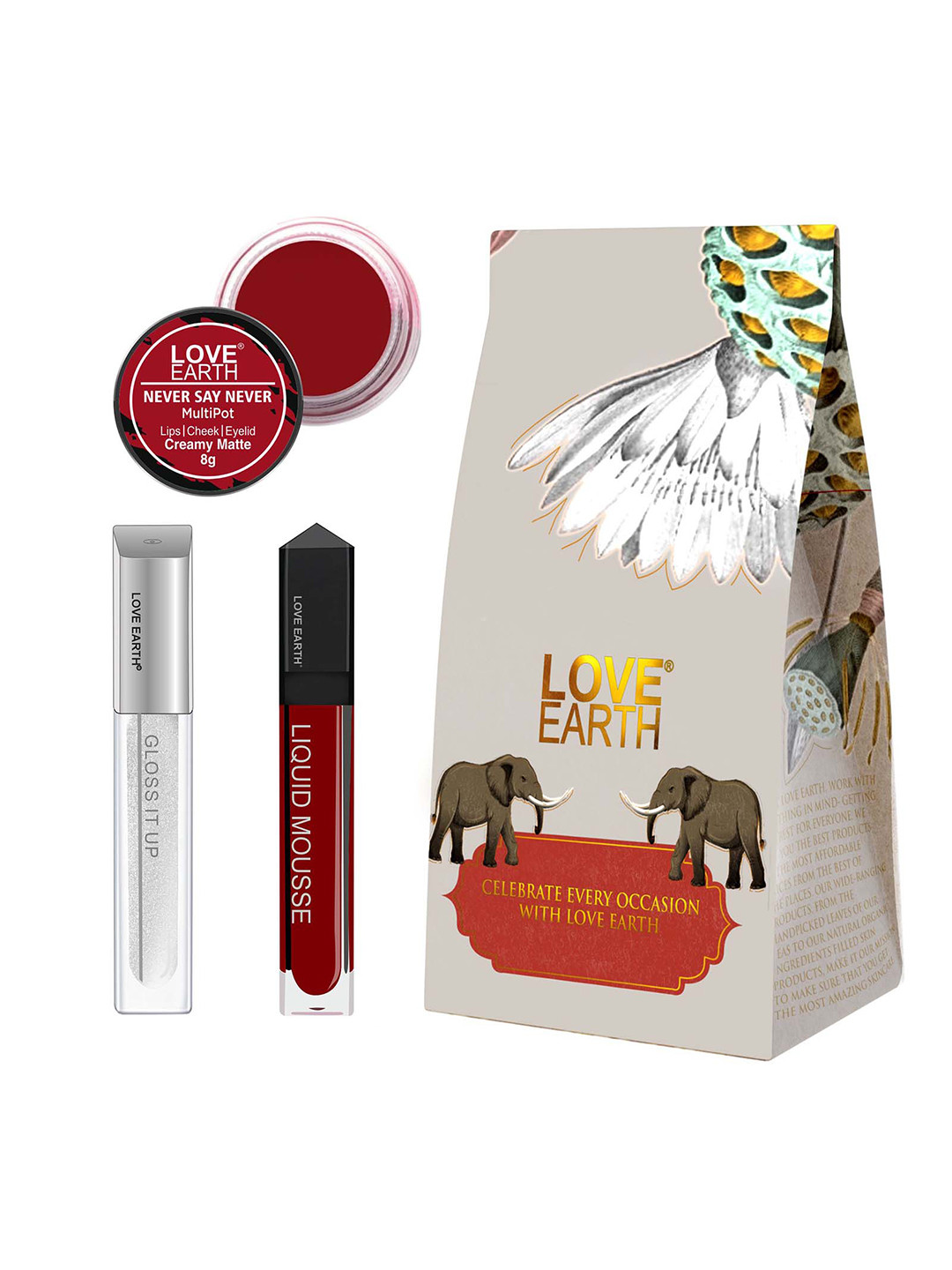 LOVE EARTH Festive Combo Lipstick-Lip Gloss & Multipot-Sea Breeze-Love Magnet-Never Say Never