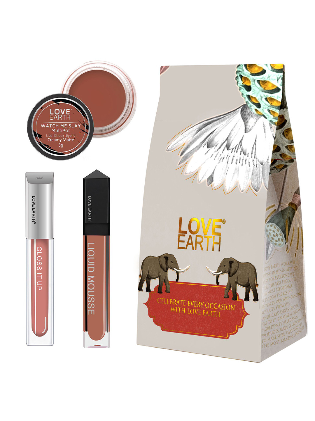 LOVE EARTH Festive Combo Lip & Cheek Tint Multipot - 8g -Lip Gloss - 3ml-Liquid Lipstick - 6ml