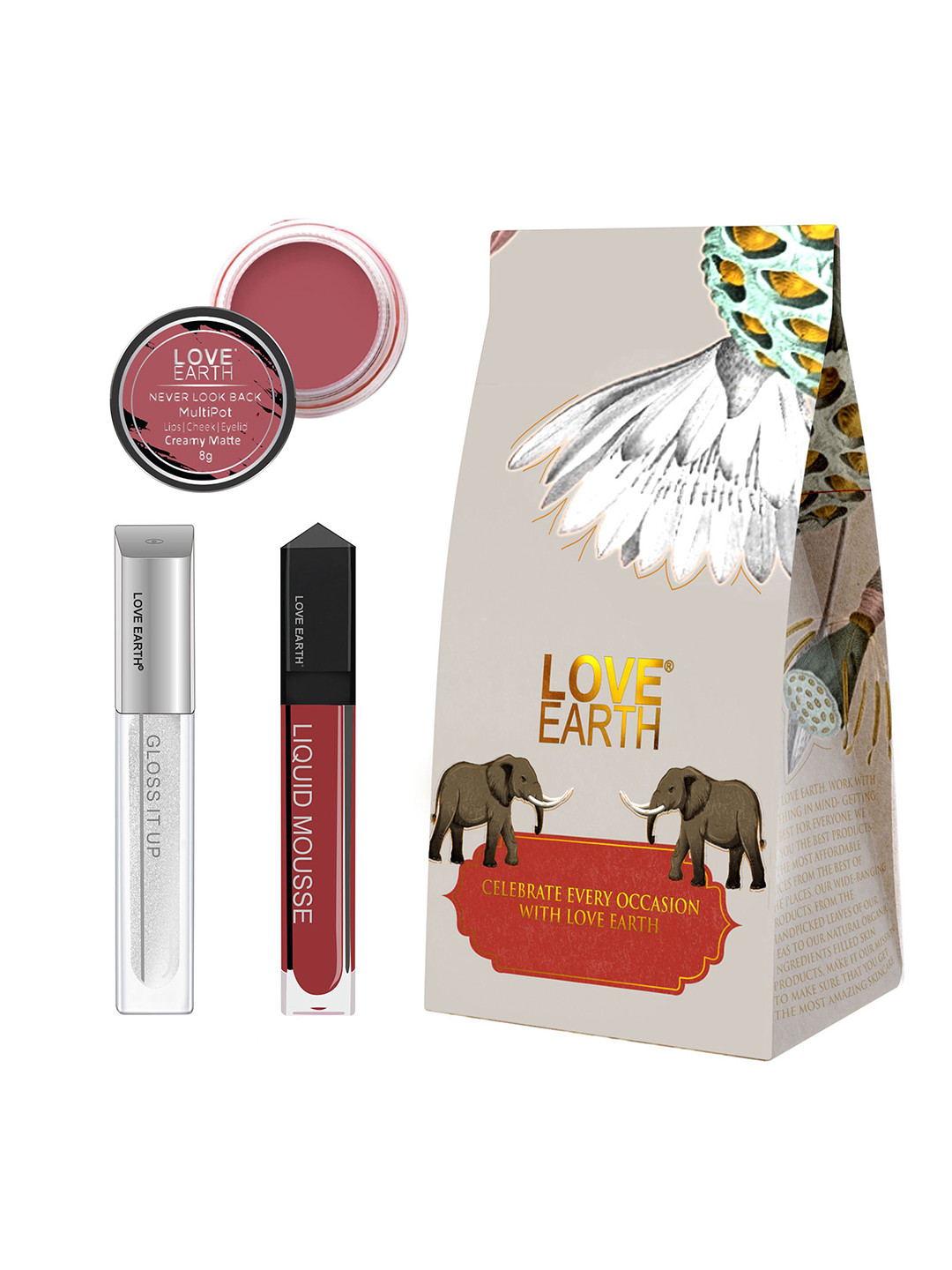 LOVE EARTH Festive Combo Lip & Cheek Tint Multipot - 8g -Lip Gloss - 3ml-Liquid Lipstick - 6ml