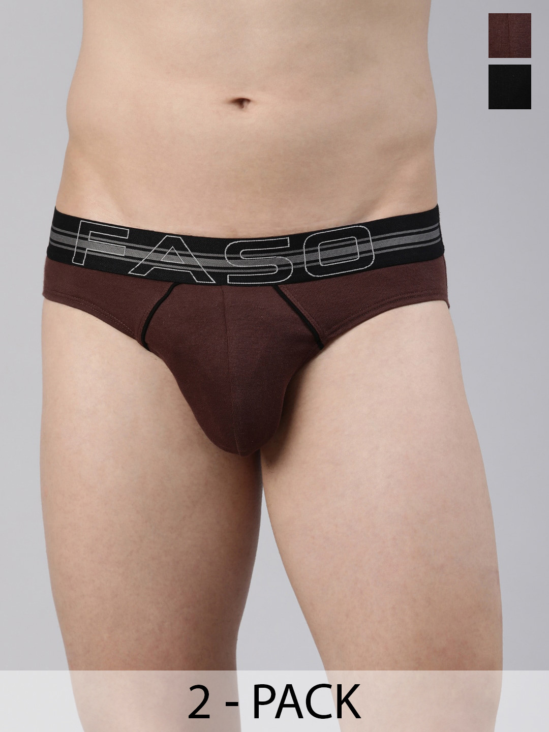 FASO Pack Of 2 Label Free Cotton Basic Briefs FA1503-SQ-PO2-DBROWN-BLACK