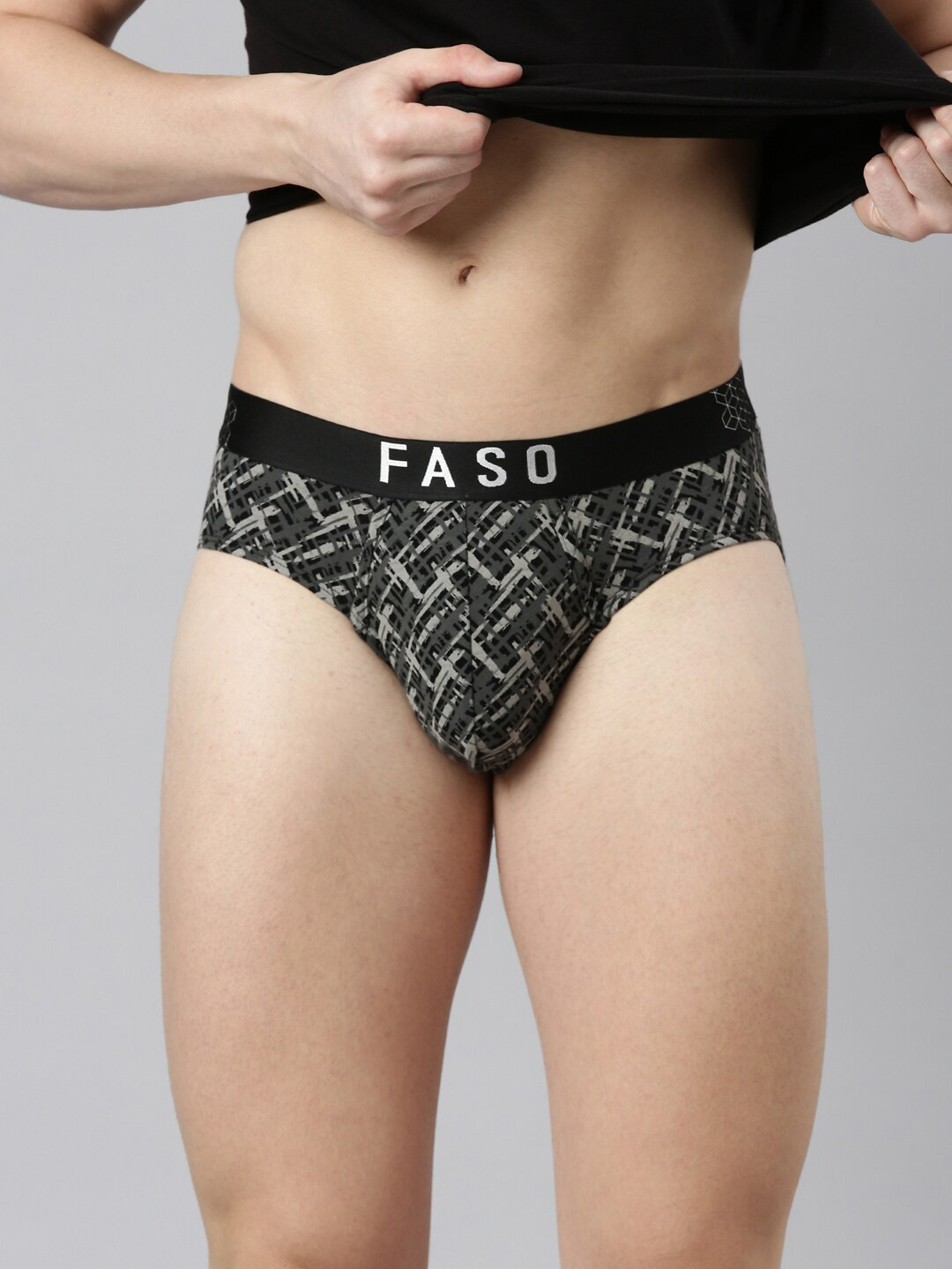 FASO Abstract Printed Mid-Rise Cotton Basic Briefs FS3004-SQ-BLACK