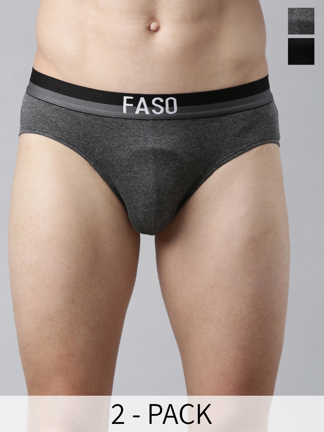 FASO Pack Of 2 Cotton Basic Briefs K203-SQ-PO2-BLACK-CHARCAOLMEL