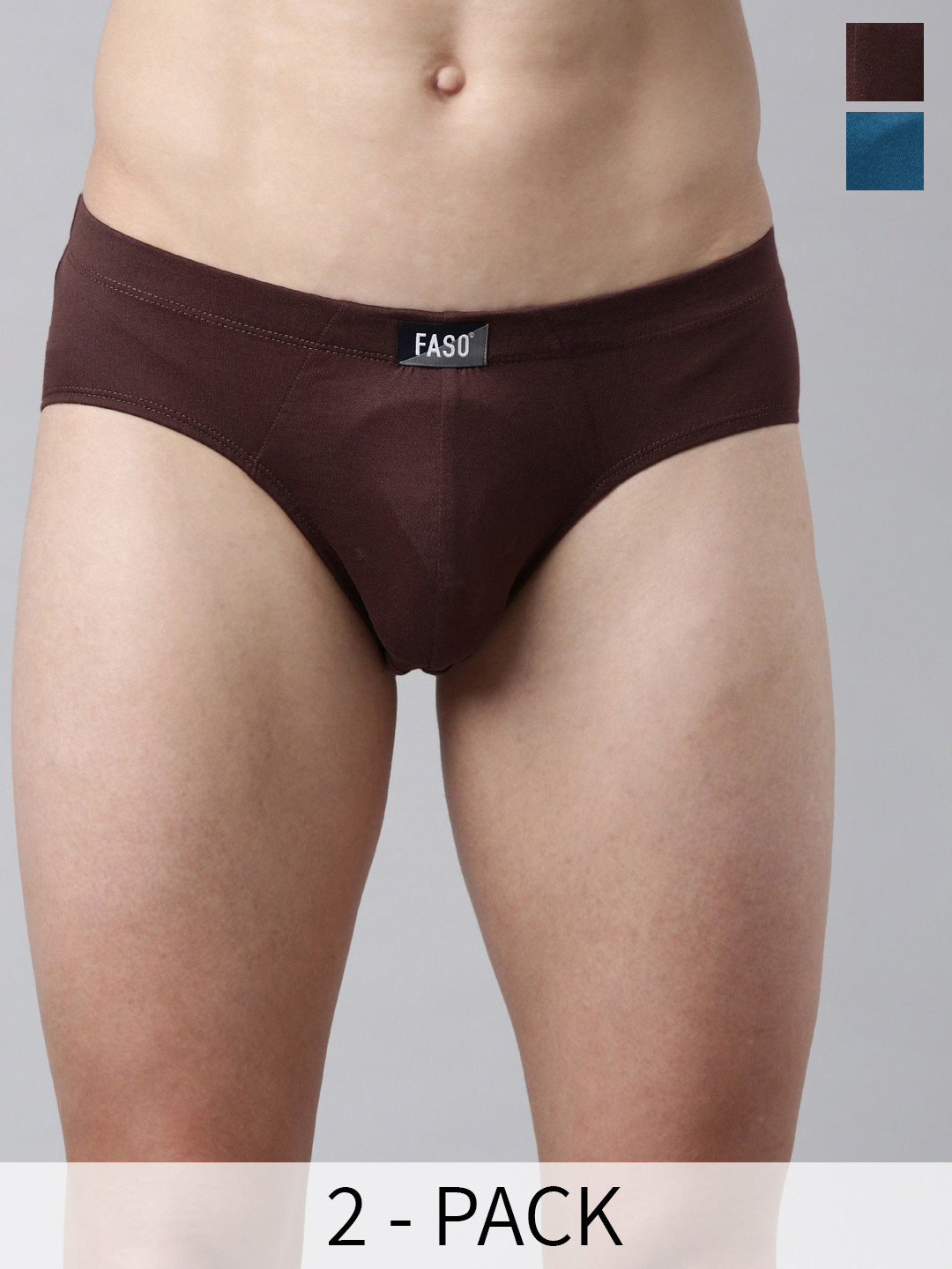 FASO Pack Of 2 Mid-Rise Cotton Basic Briefs K201-SQ-PO2-DEEPBROWN-INKBLUE