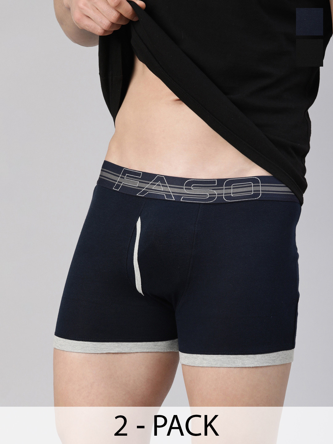FASO Pack Of 2 Mid Rise Comfortable Label Free Cotton Trunks FA1504-SQ-BLACK-NAVY