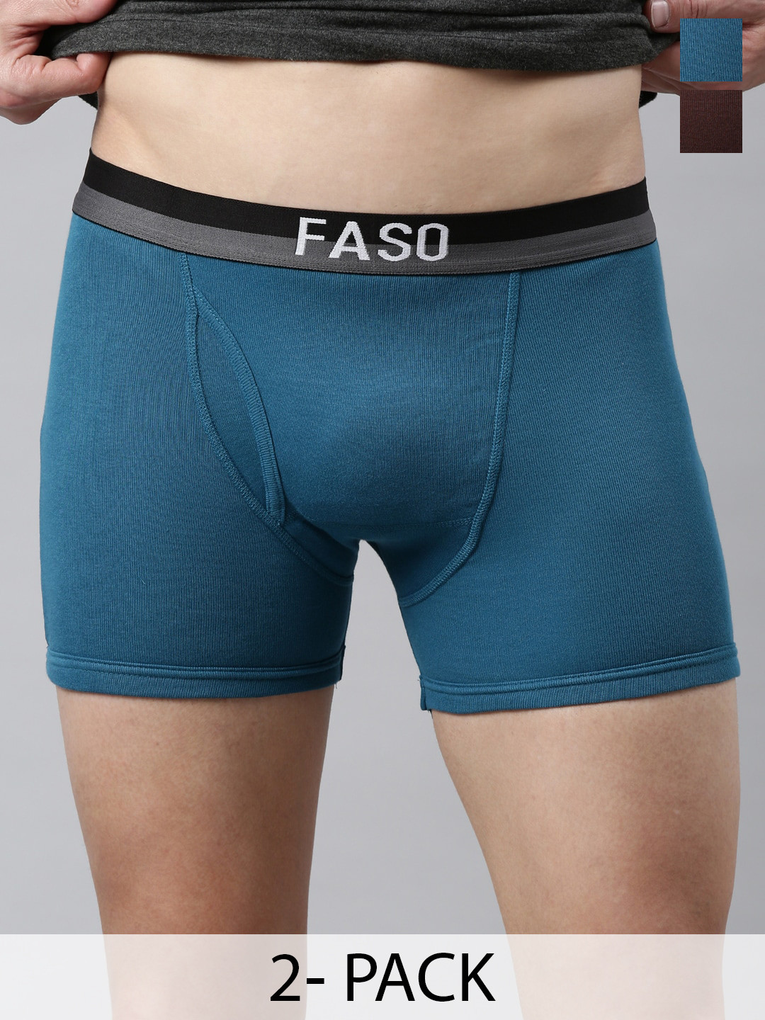 FASO Men Pack Of 2 Cotton Breathability Trunks K204-SQ-PO2-DEEPBROWN-INKBLUE