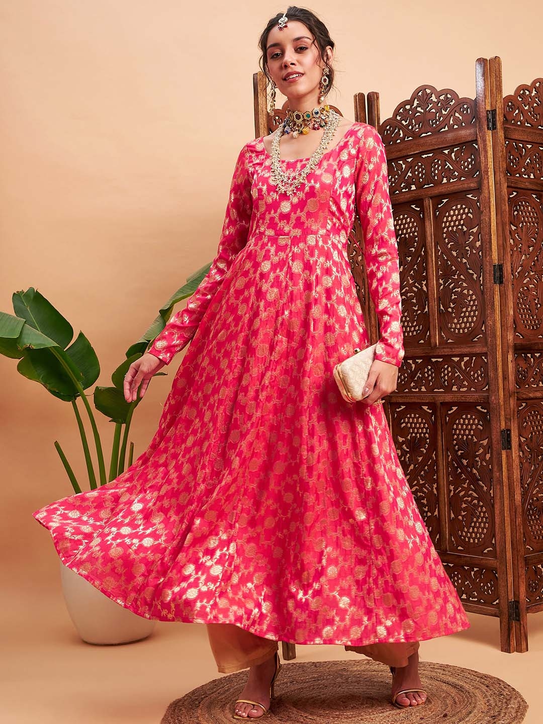 Shae By SASSAFRAS Fuchsia Floral Woven Design Round Neck Long Sleeves Anarkali Kurta - Kurtas for Women 26118634 | Myntra