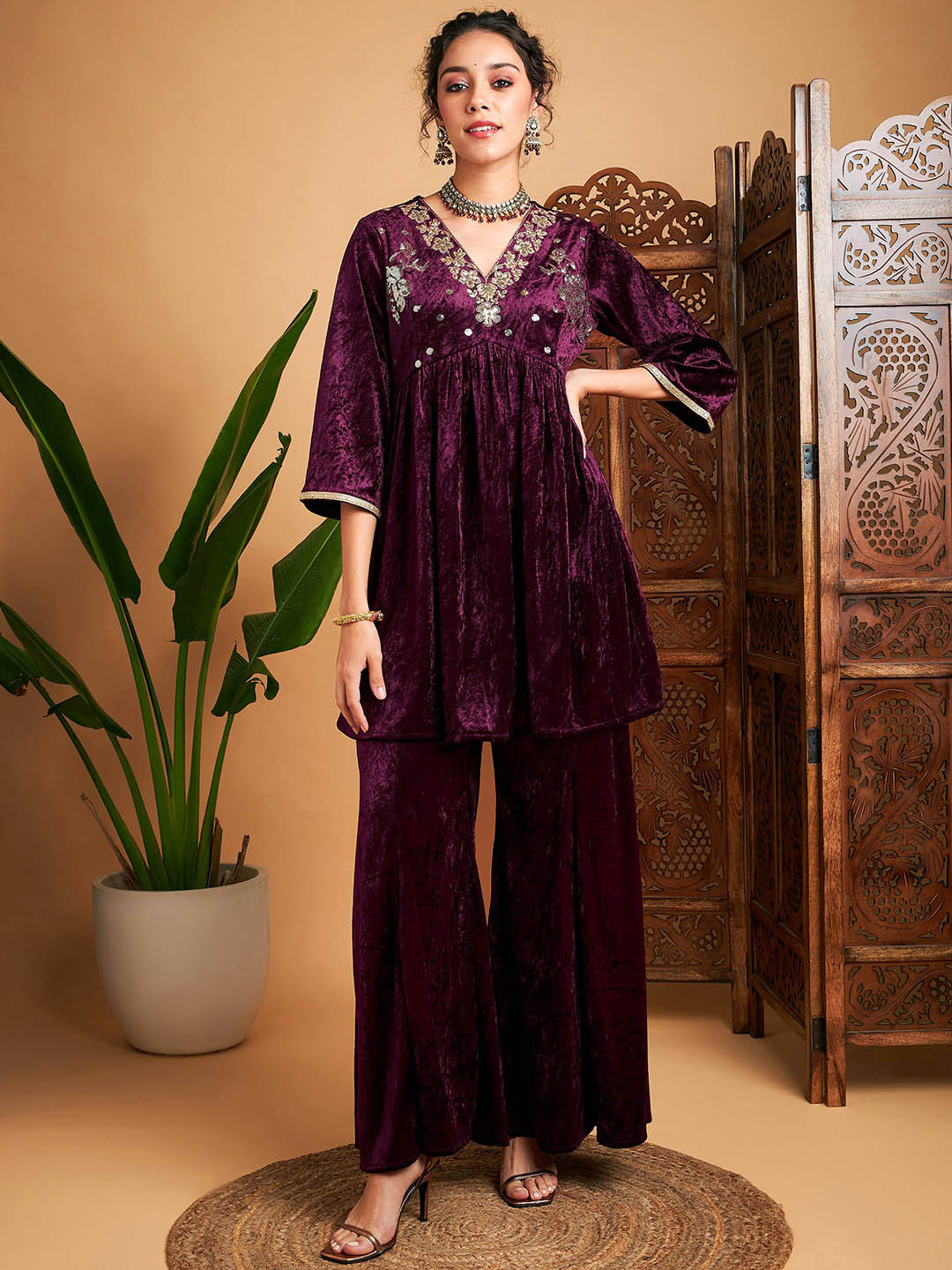 Shae by SASSAFRAS Embroidered Anarkali Kurti With Palazzo Set