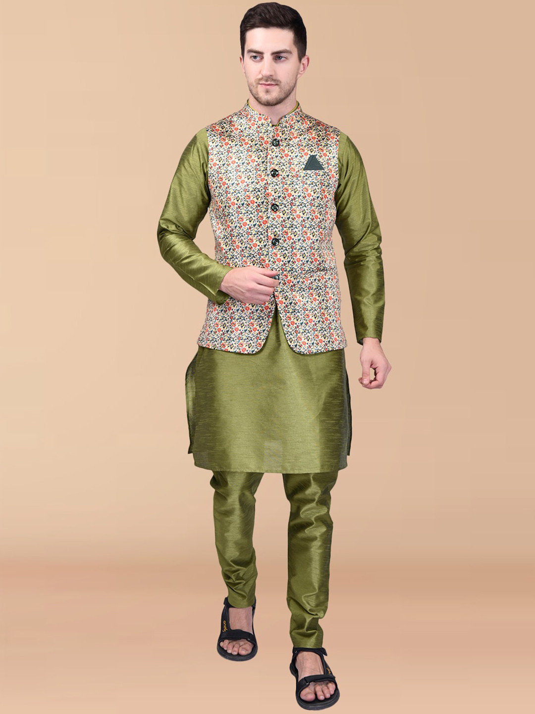 PRINTCULTR Mandarin Collar Regular Pure Silk Kurta With Churidar & Printed Nehru jacket