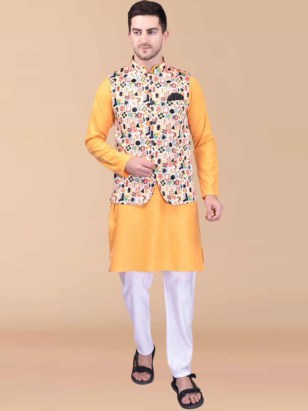 PRINTCULTR Mandarin Collar Long Sleeves Regular Cotton Kurta With Pyjamas & Nehru jacket