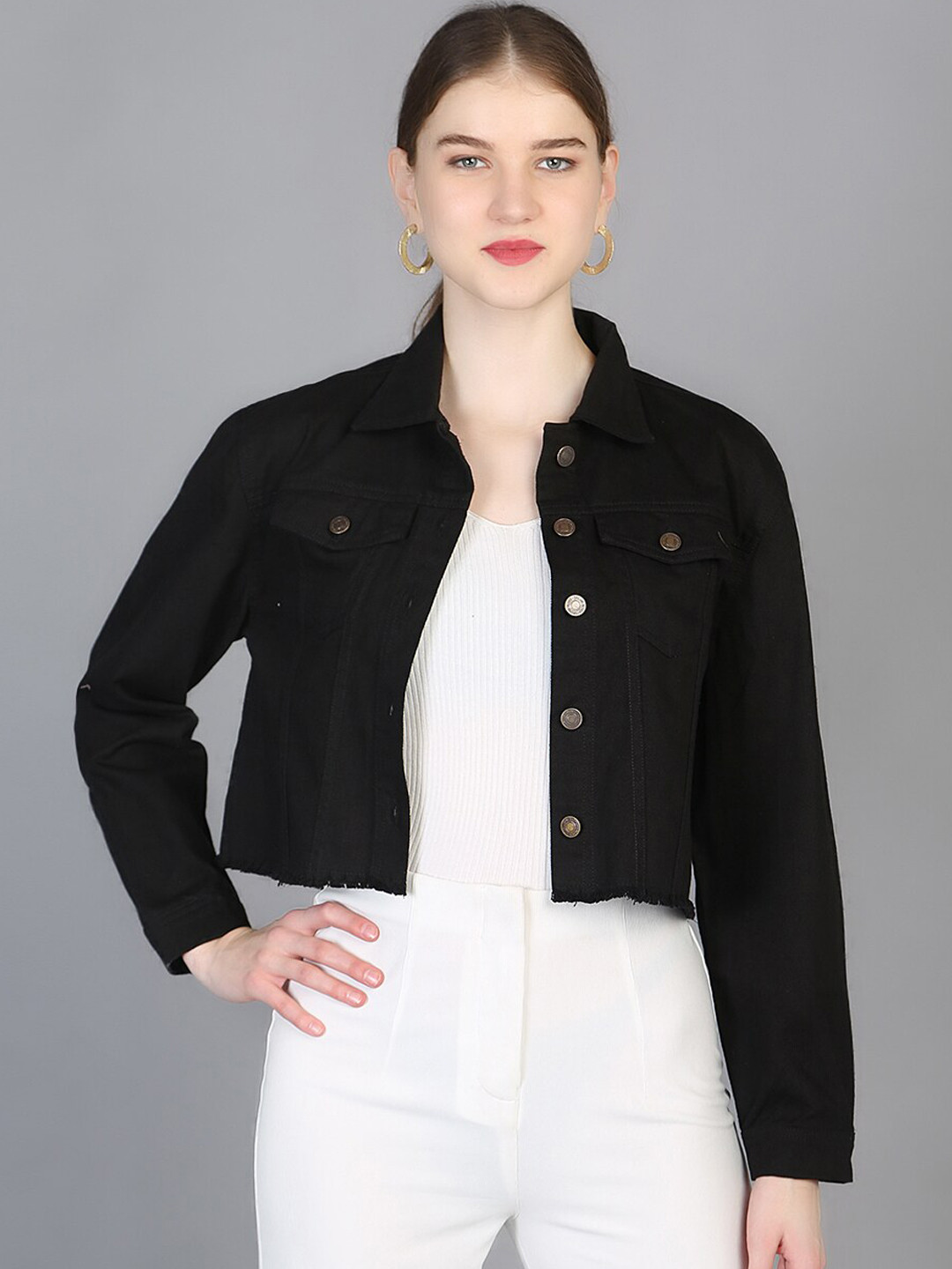 Chemistry Fringed Hem Cotton Denim Crop Jacket