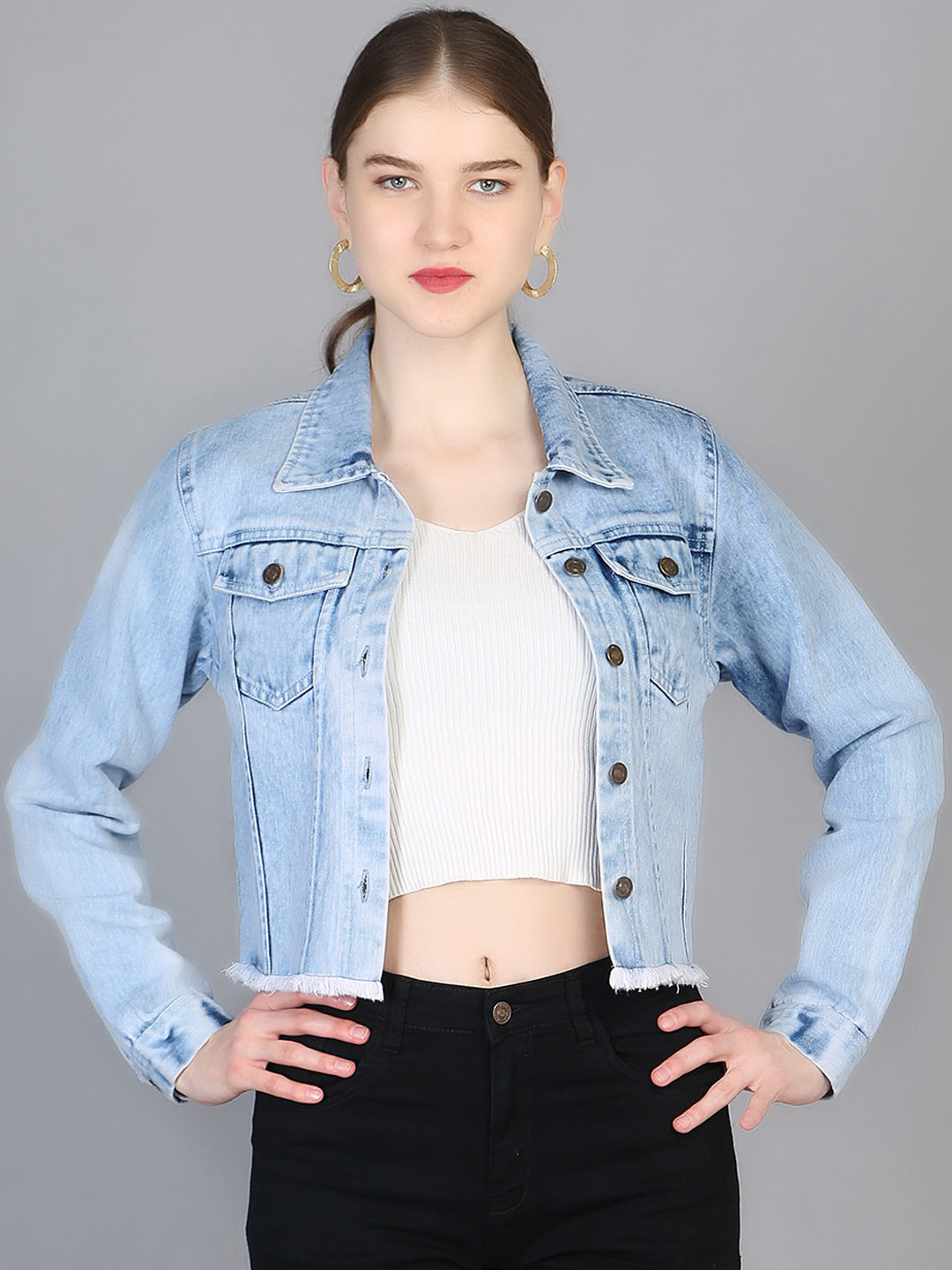 Chemistry Fringed Hem Cotton Denim Crop Jacket