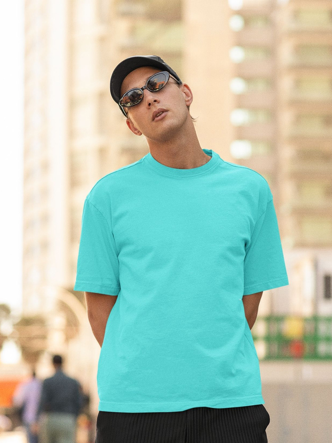 CAPTCHA Solid Cyan Blue  Drop-shoulder Pure Cotton Oversized Tshirt