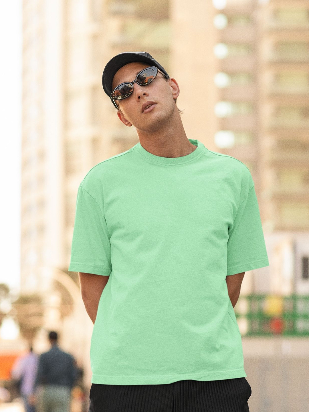 CAPTCHA Solid Mint Green  Drop-shoulder Pure Cotton Oversized Tshirt