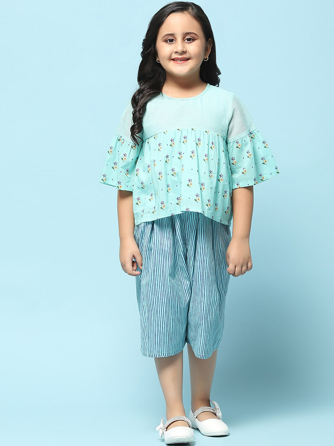 Biba Girls Floral Printed Bell Sleeves Pure Cotton Top with Capris