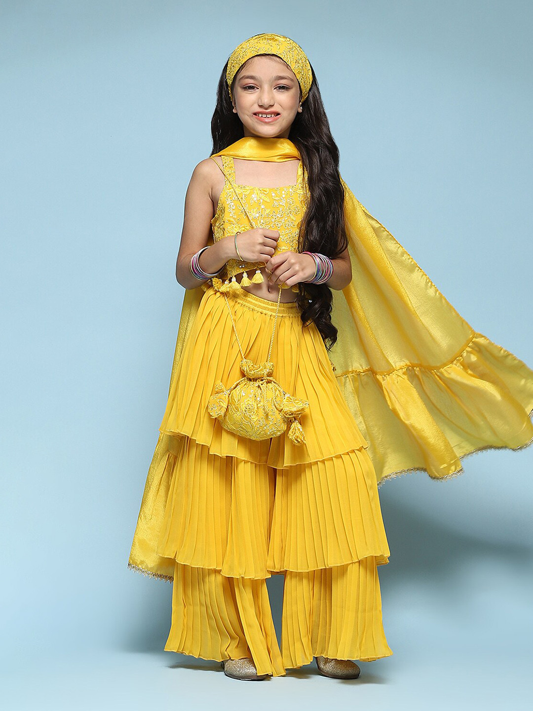 Biba Girls Embroidered Square Neck Crop Top & Sharara With Dupatta