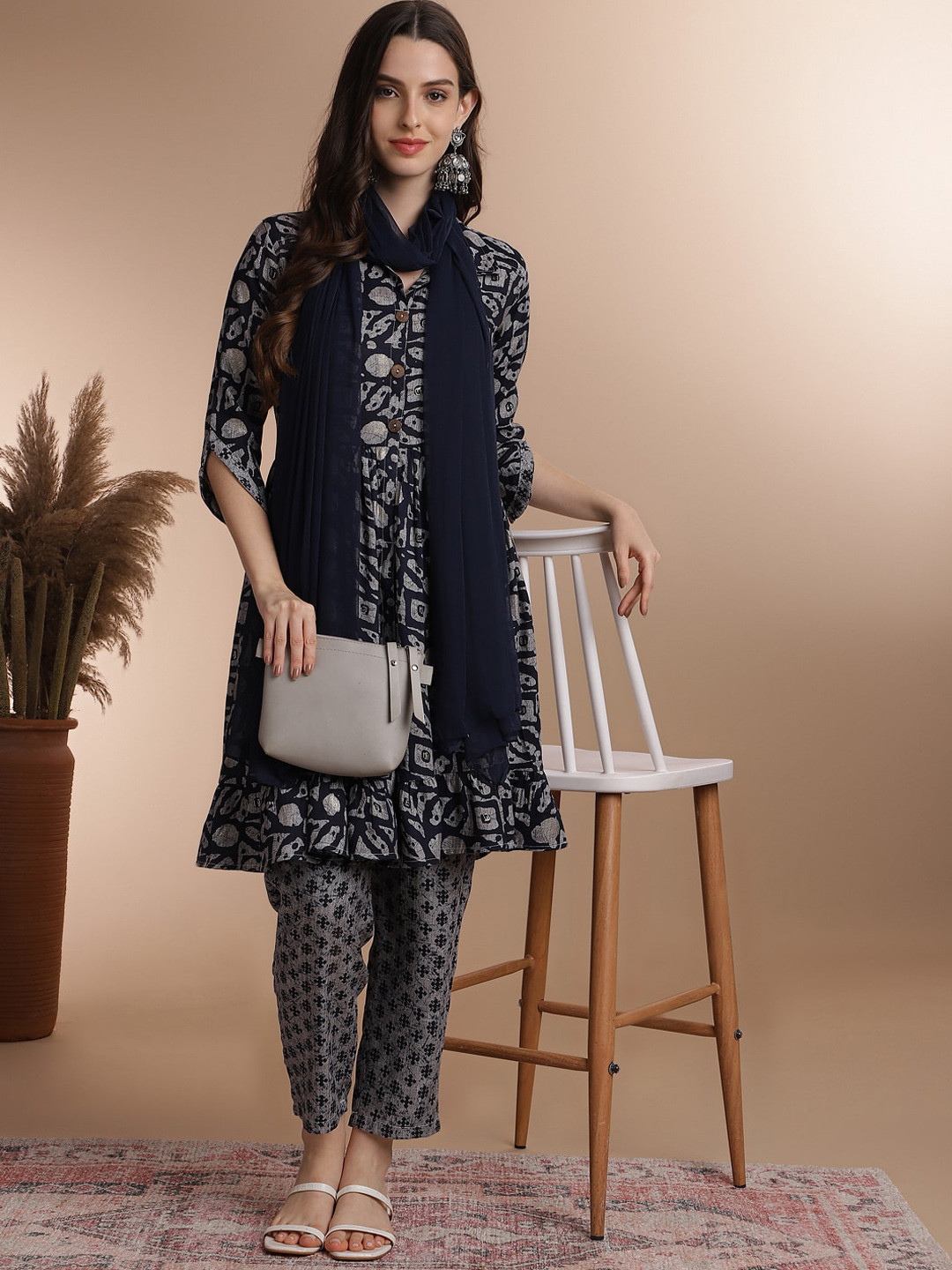 Anouk Navy Blue & Grey Abstract Printed Shirt Collar A-Line Kurta with Trousers & Dupatta
