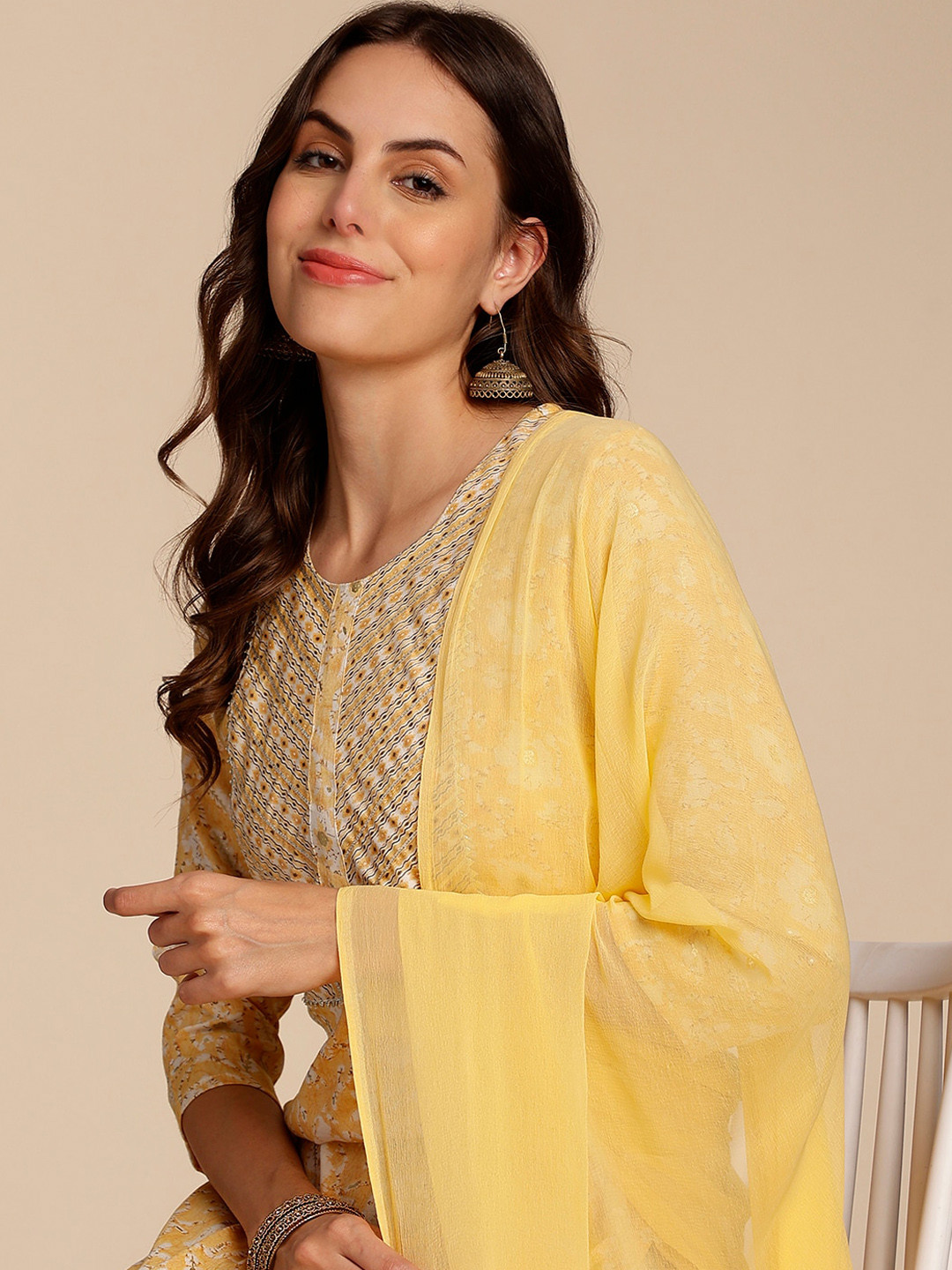 Anouk Yellow Floral Printed Gotta Patti Straight Kurta with Trouser & Dupatta