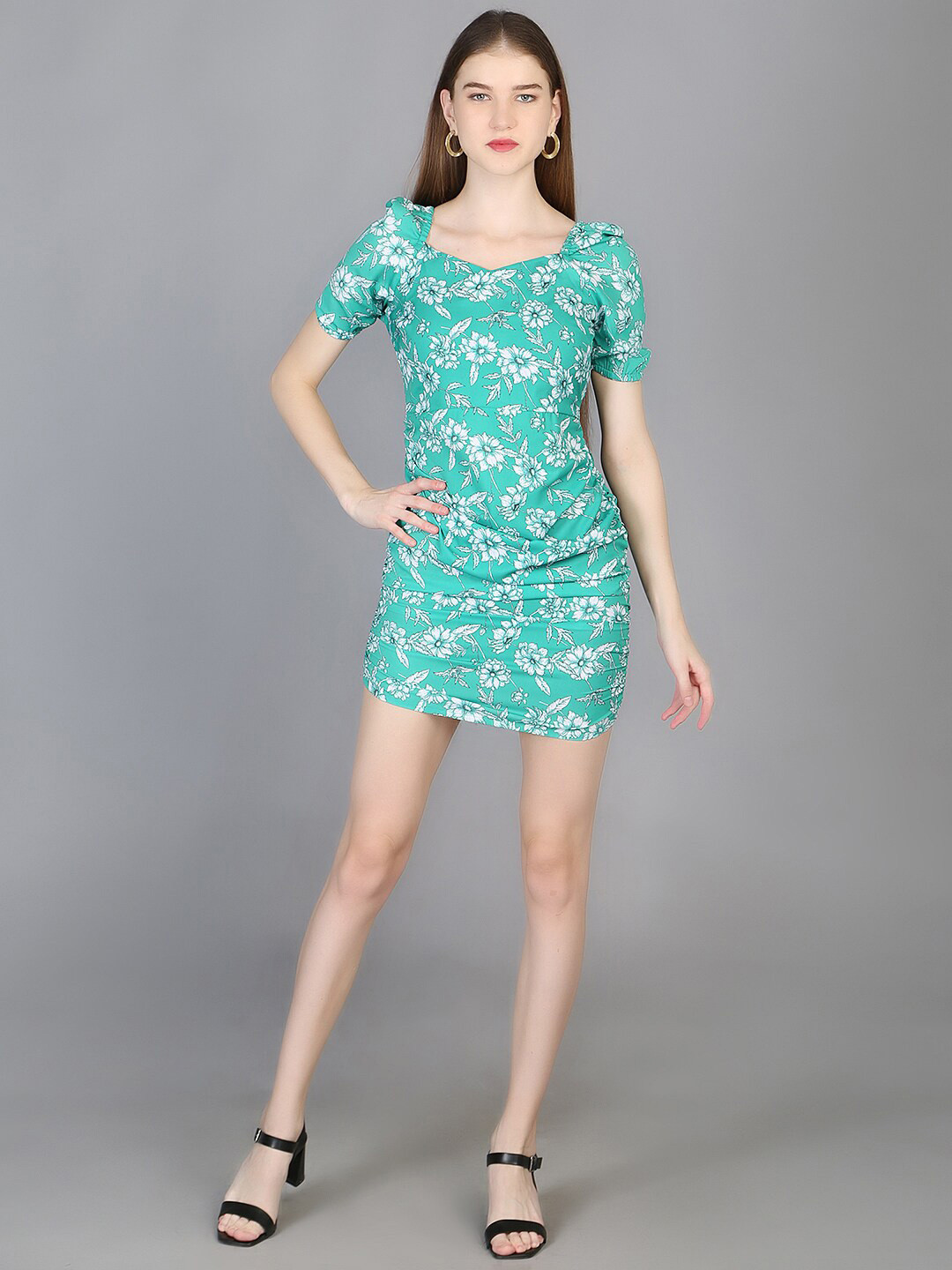 Chemistry Floral Printed Sweetheart Neck Puffed Sleeves Ruched Sheath Mini Dress