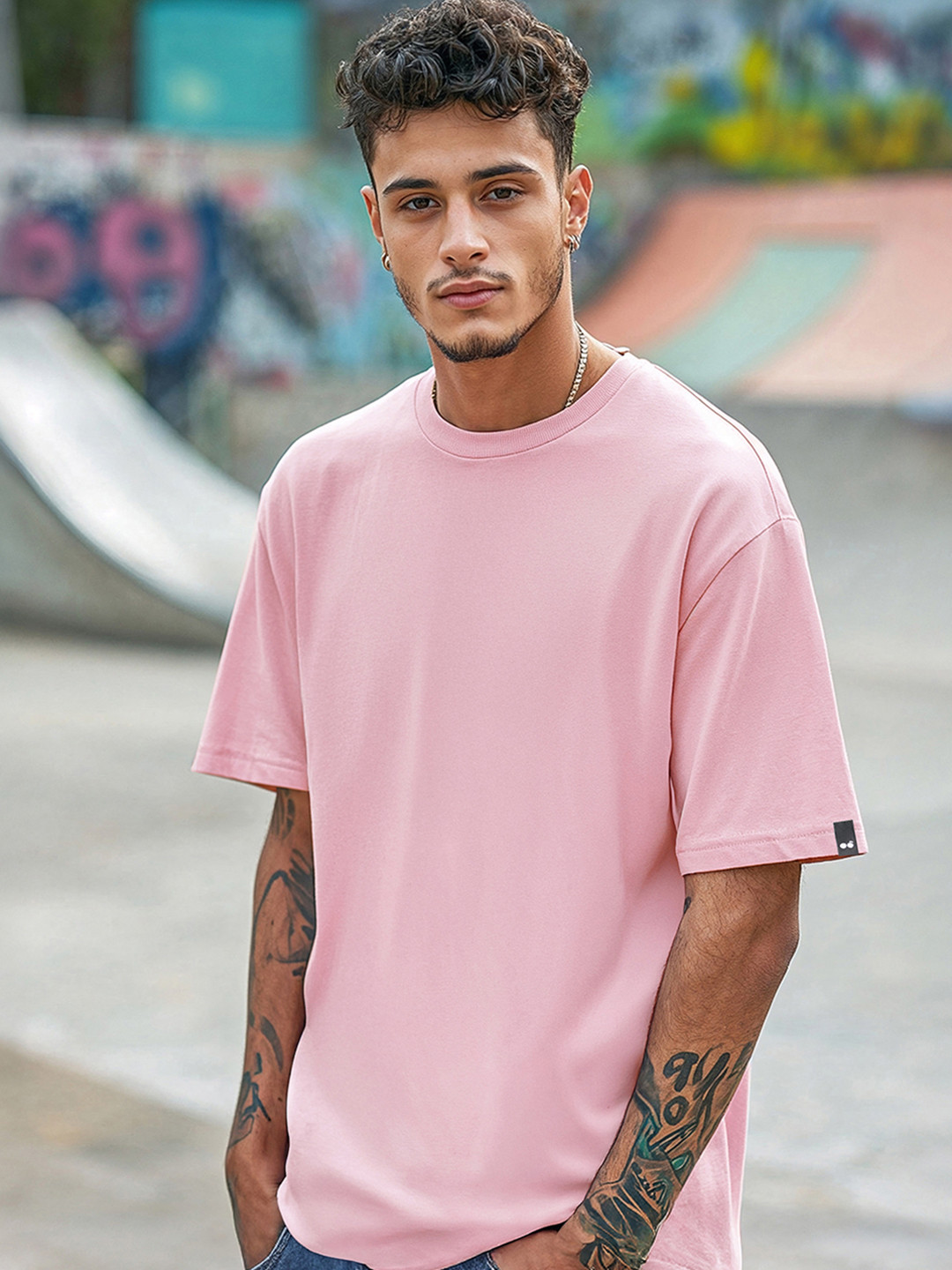 Bewakoof Pink Round Neck Short Sleeves Pure Cotton Oversized T-shirt