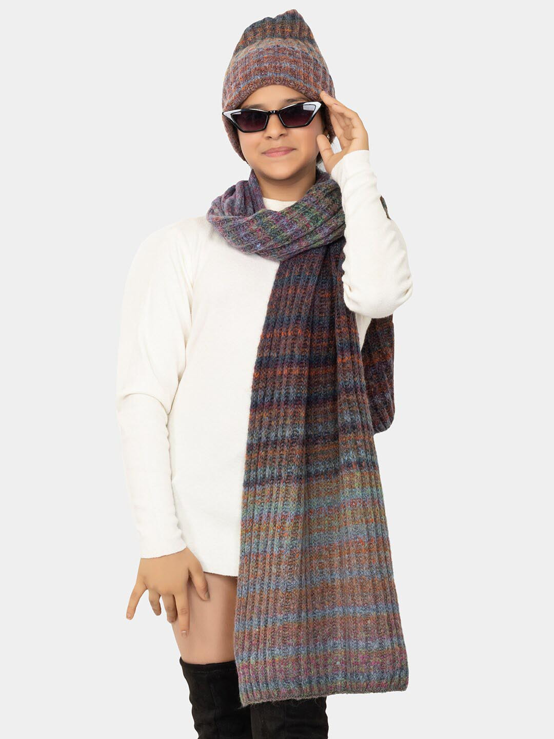 513 Girls Knitted Self Design Acrylic Beanie Cap and Muffler Set