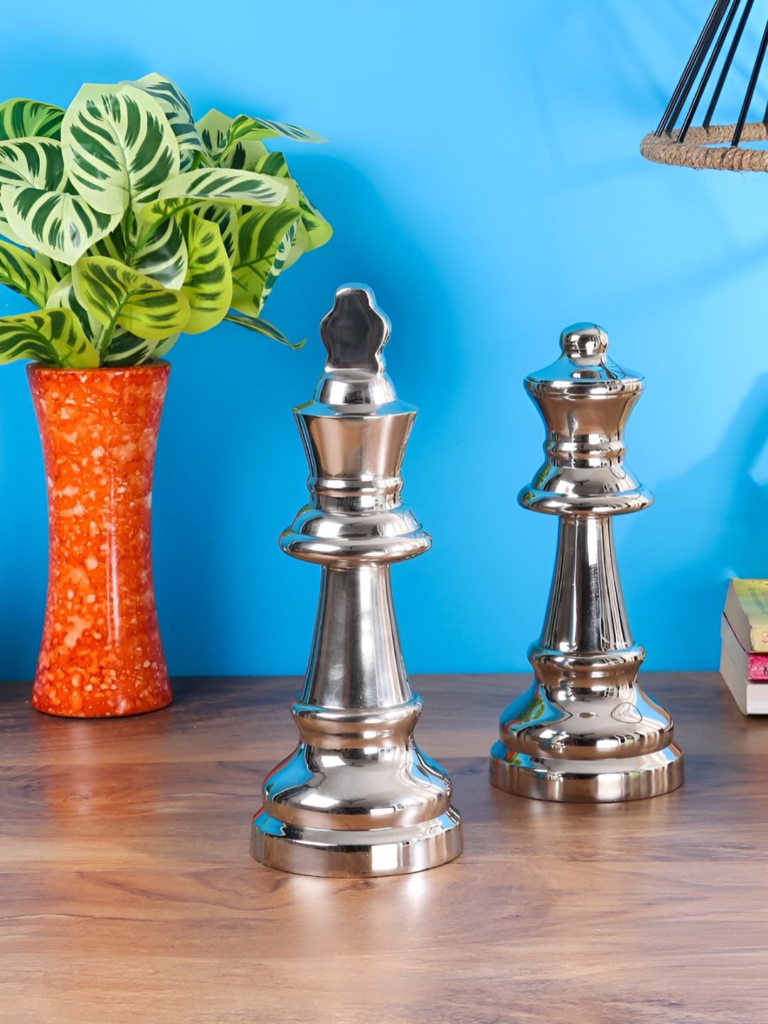 Decor de Maison Chess Set King Queen Nickel Silver Metal Metallic Living Room Set of 2 Large Showpieces - 8.7 Inches